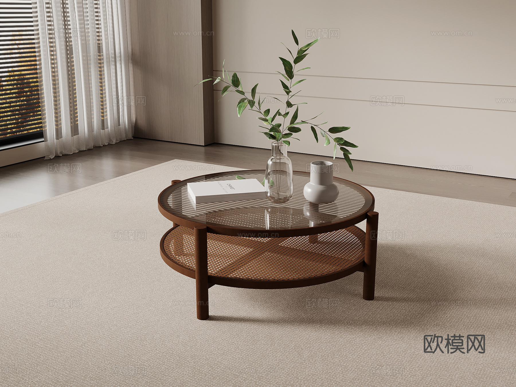 中古风茶几 实木茶几 圆形茶几su模型