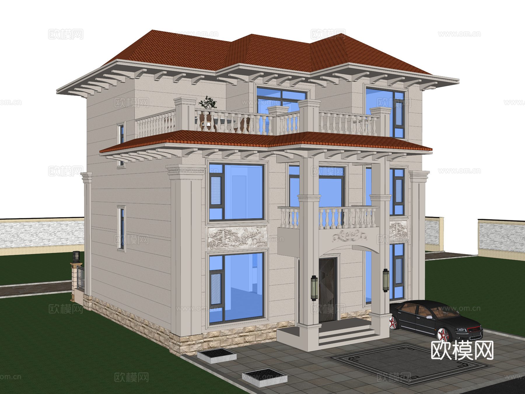 现代独栋别墅 乡村自建房别墅 农村别墅 三层独栋别墅 斜顶3d模型下载（渲染图4）