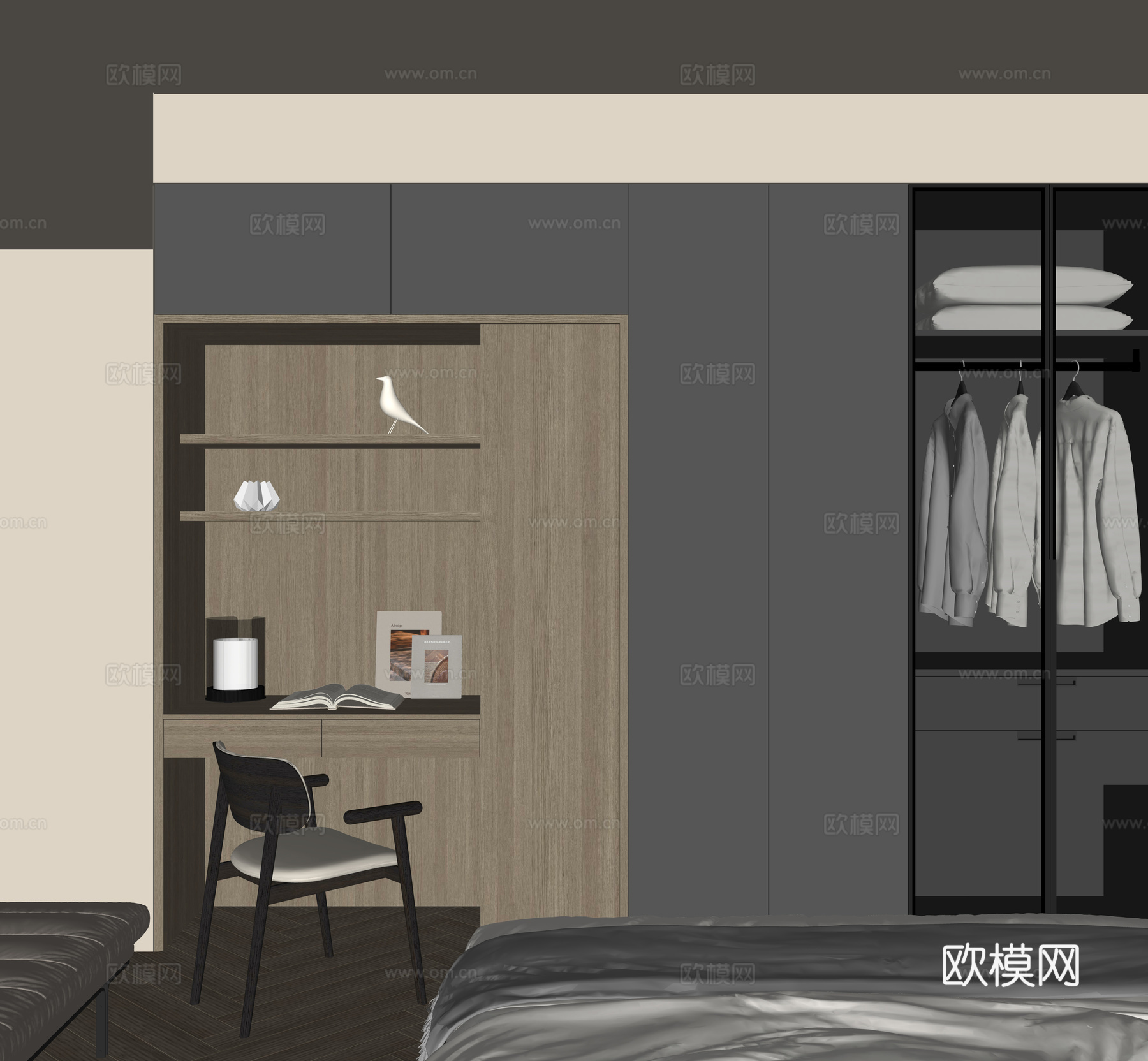 现代书桌一体柜su模型