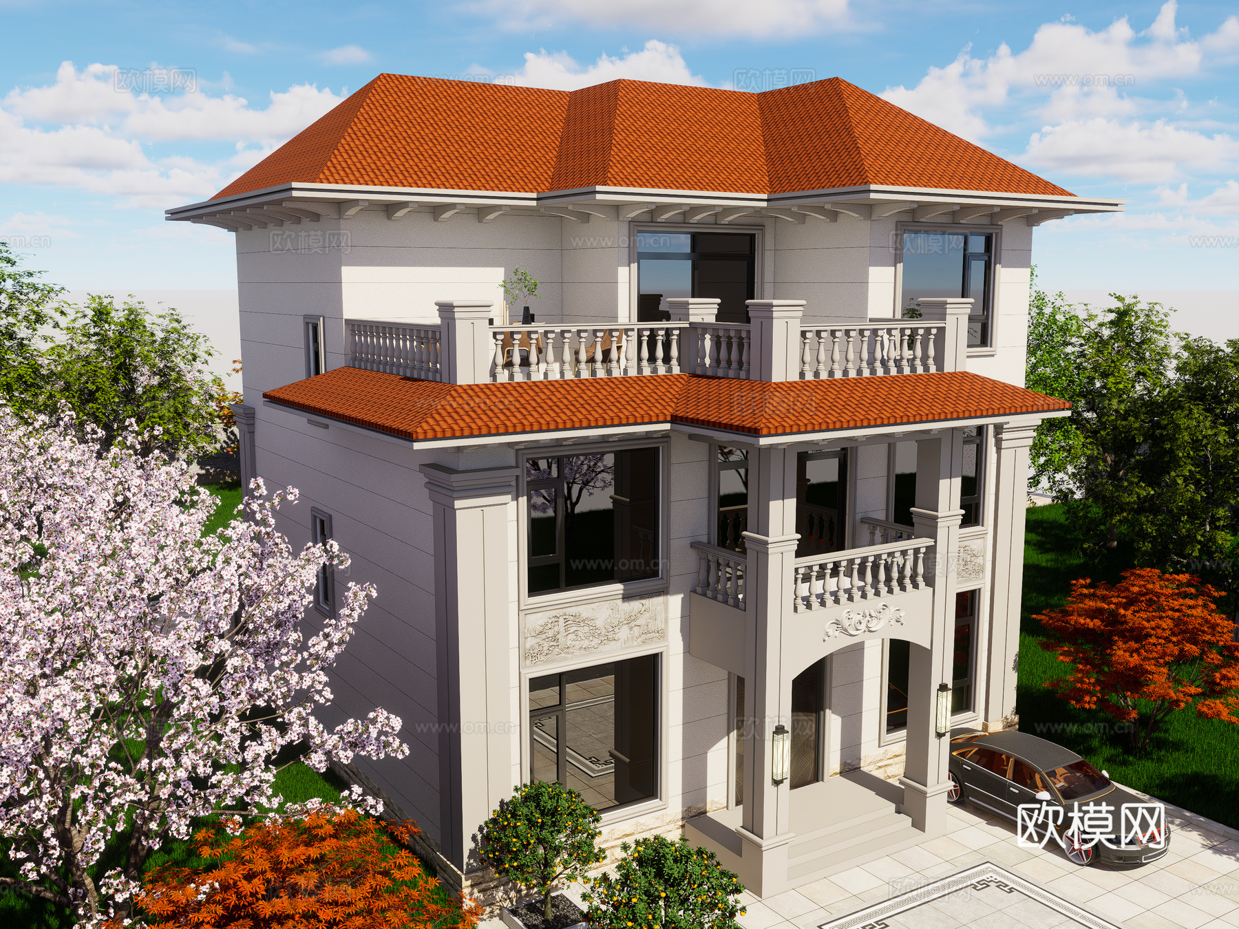 现代独栋别墅 乡村自建房别墅 农村别墅 三层独栋别墅 斜顶su模型