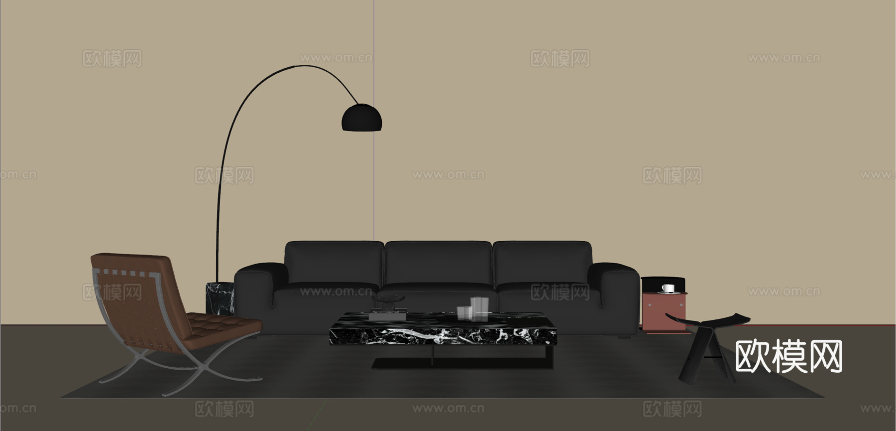 现代意式沙发茶几组合 三人沙发 休闲椅 落地灯 地毯su模型