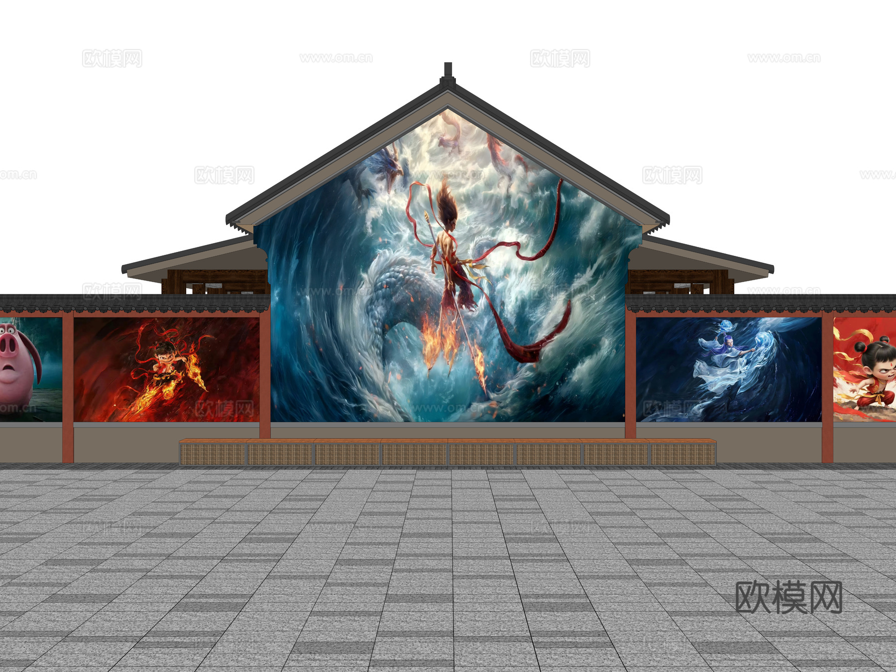 现代街道墙体彩绘 哪吒魔童闹海墙绘 网红打卡墙 墙绘墙画su模型