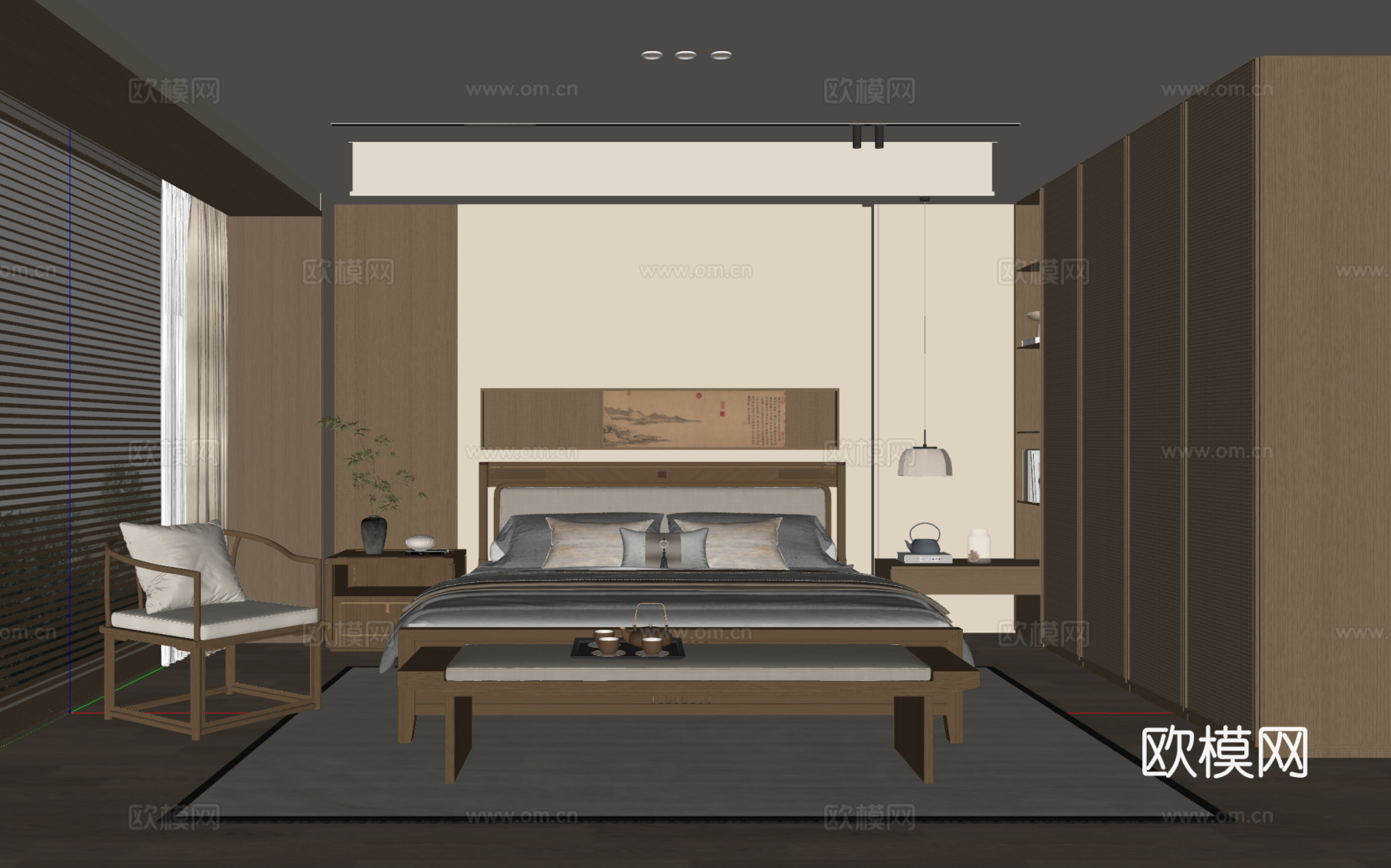 新中式宋式风卧室 实木双人床 床头柜 吊灯 休闲椅 地毯su模型