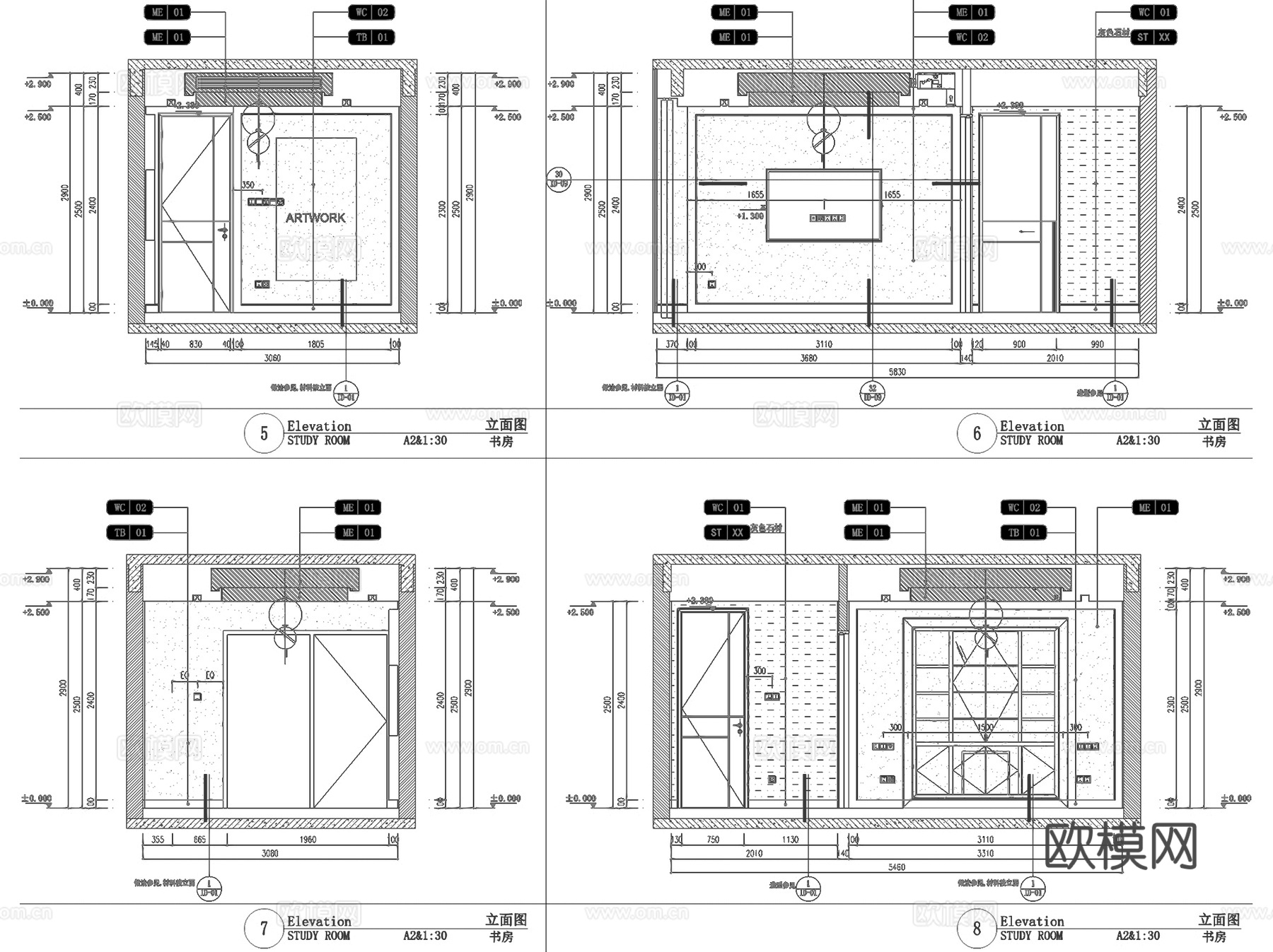 杭州潮鸣样板房C2户型室内家装CAD施工图整套cad施工图