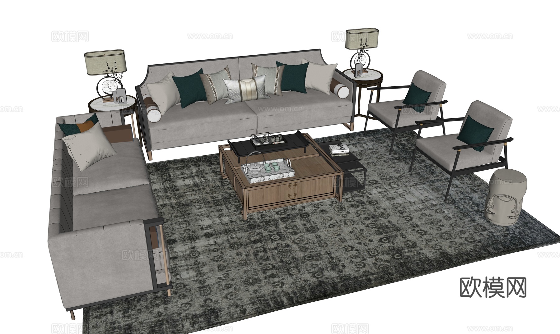 新中式客厅su模型