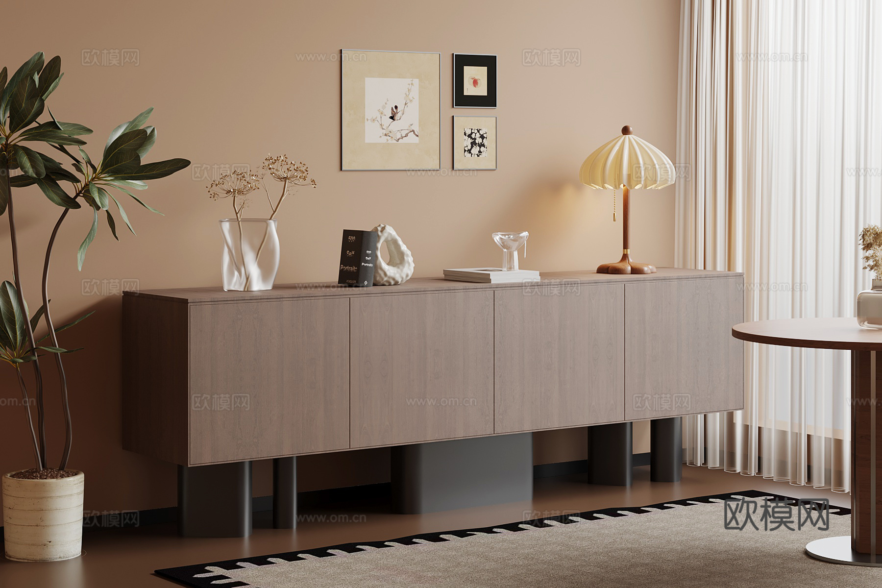 现代中古风玄关柜 边柜 入户装饰柜su模型