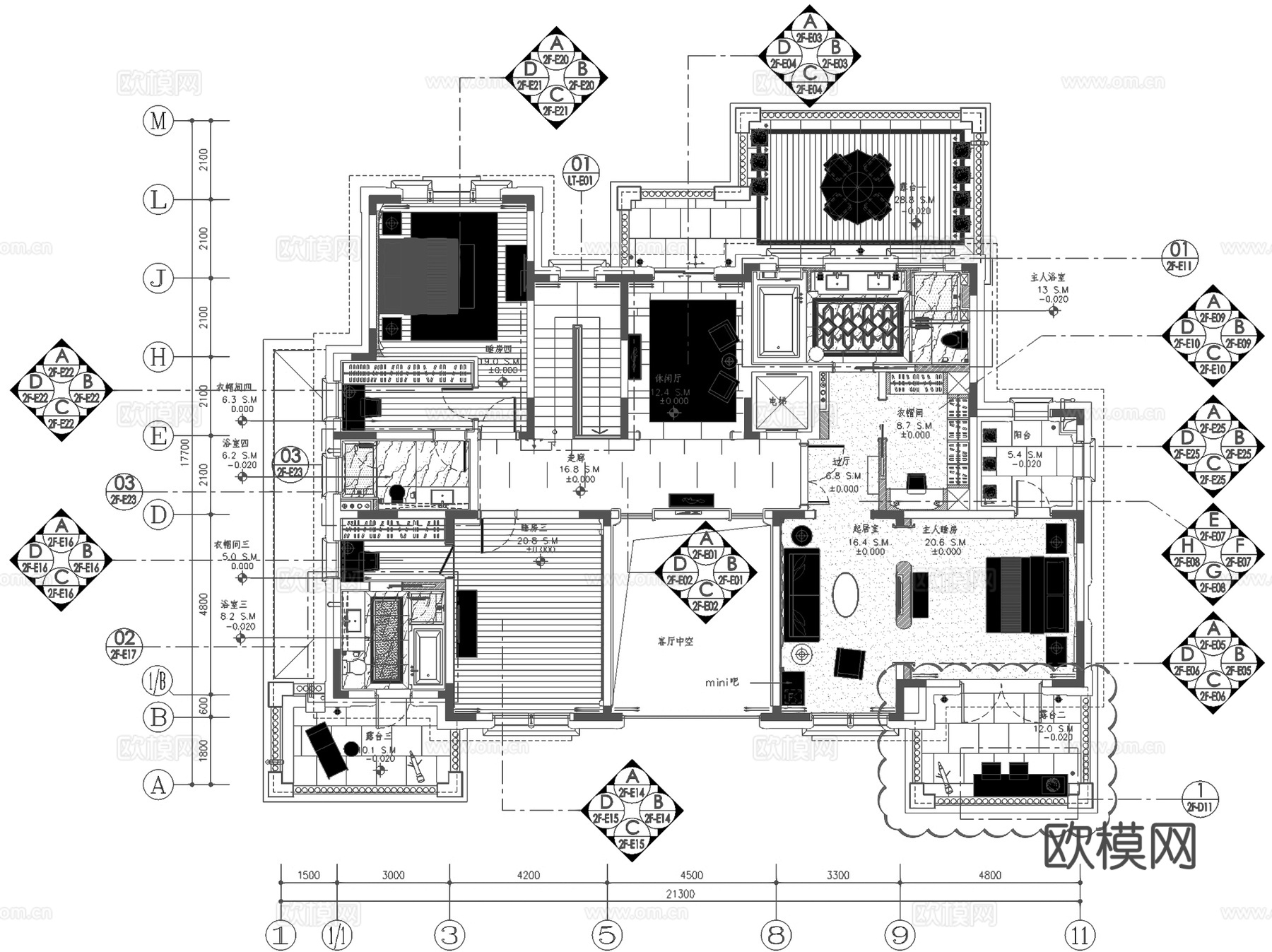 昆明古滇样板房湖景林苑B区500A户型二层别墅室内家装CADcad施工图