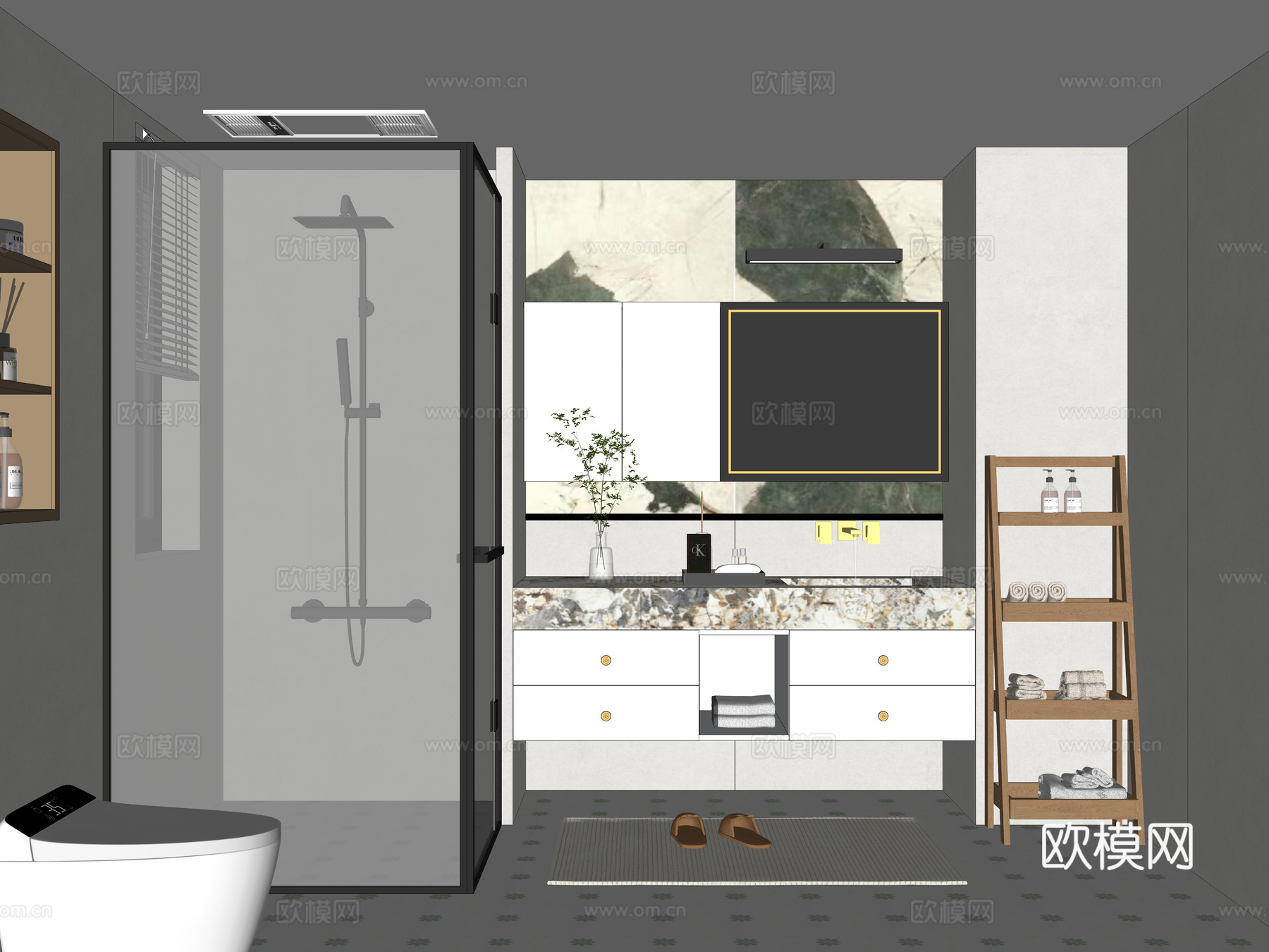 现代卫生间 干湿分离卫生间 成品洗手台 座便器 淋浴隔断su模型