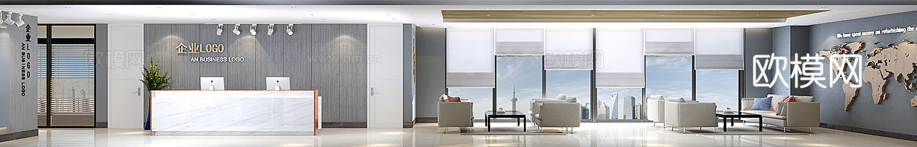 现代工装办公室前台 员工休息区3d模型下载（渲染图4）