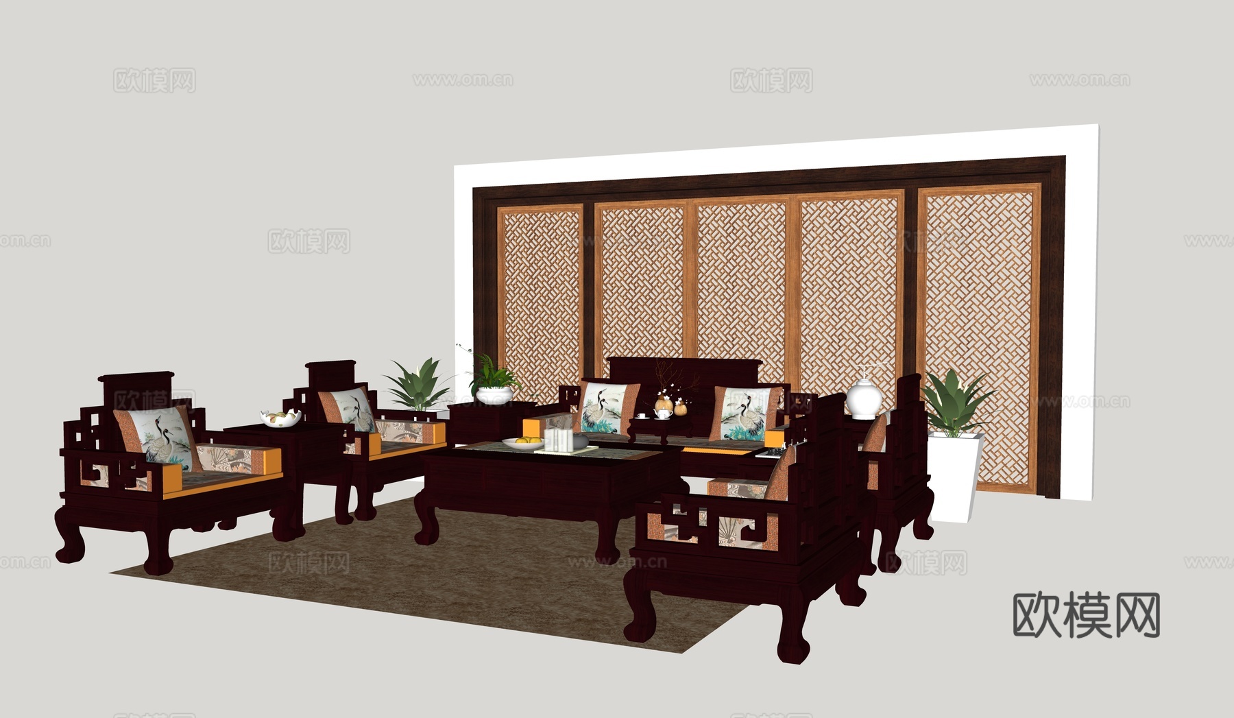 新中式客厅沙发组合su模型
