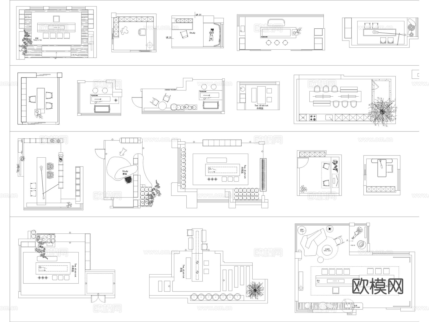 46套茶室书房家装室内设计CAD平面图块cad施工图