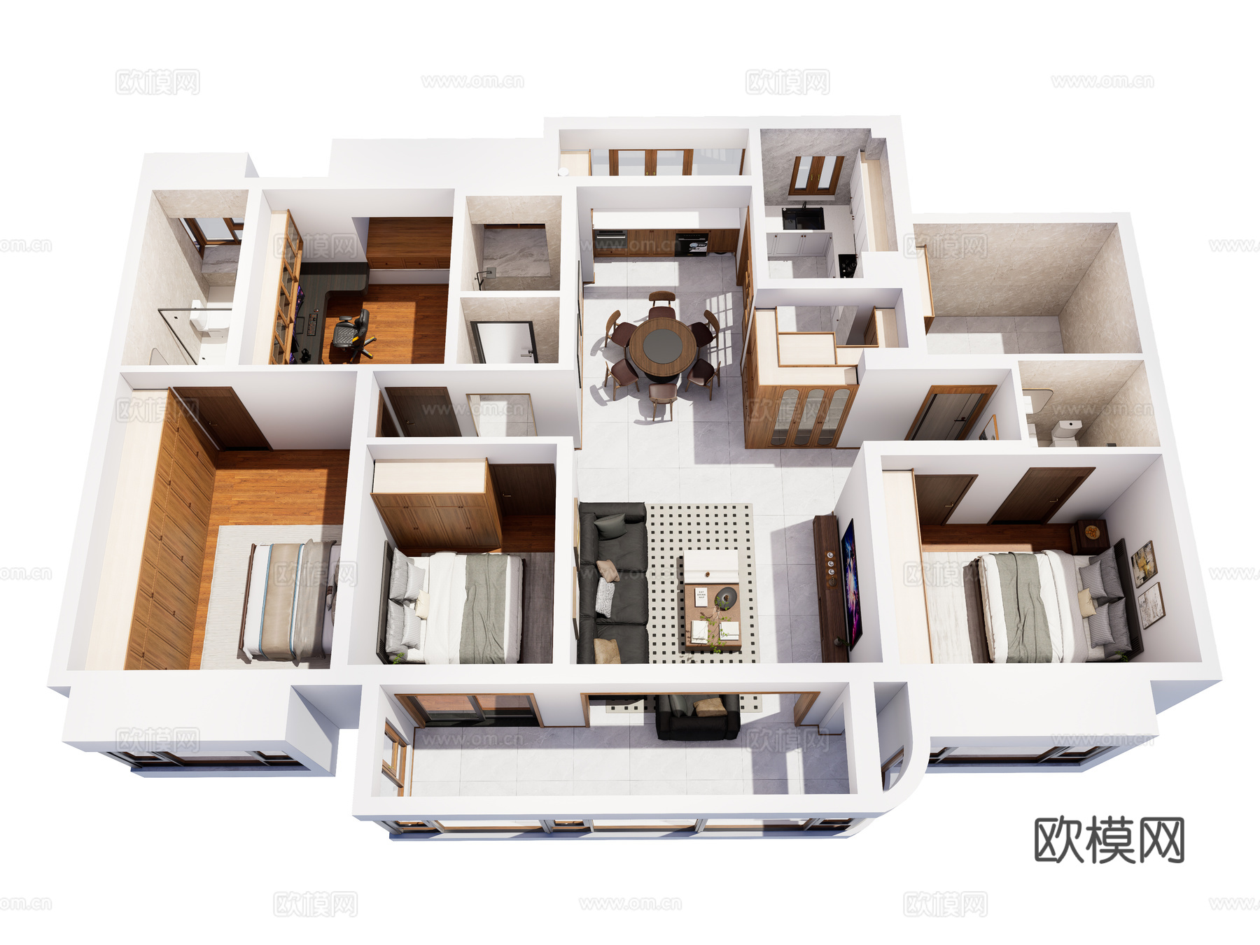 中古风家装鸟瞰 中古风家装空间 鸟瞰图 中古风家装样板房su模型