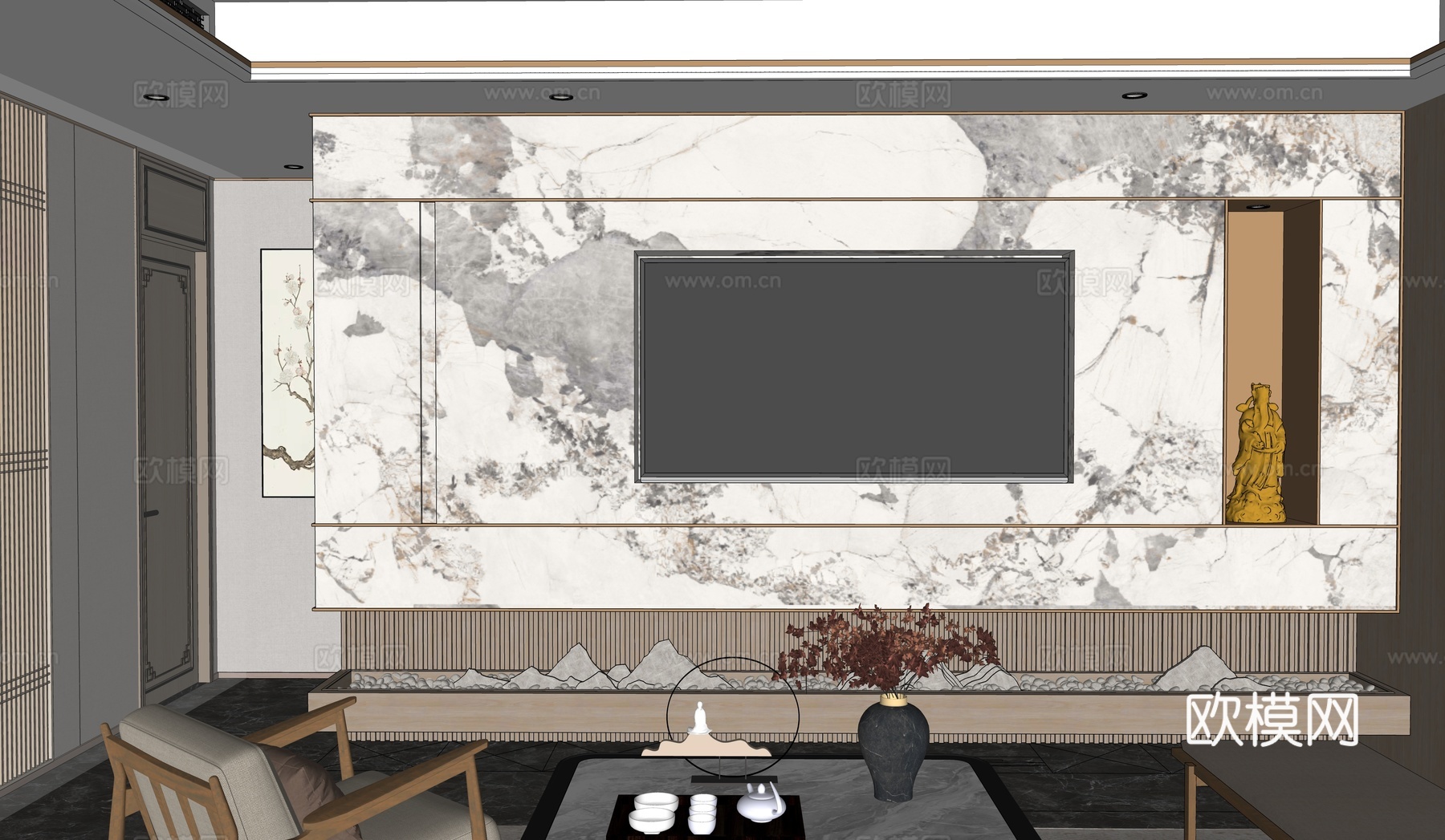 新中式客厅su模型