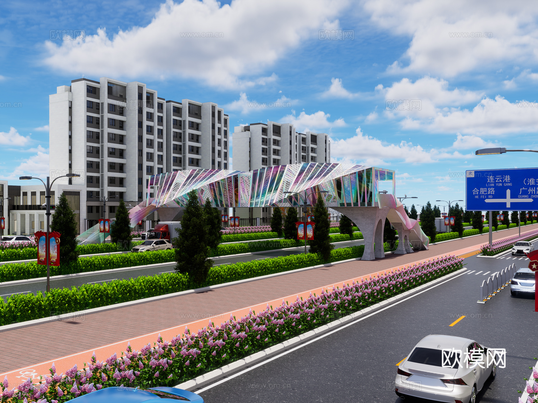 现代风格过街天桥 创意曲线高架桥 网红廊桥 城市道路天桥su模型