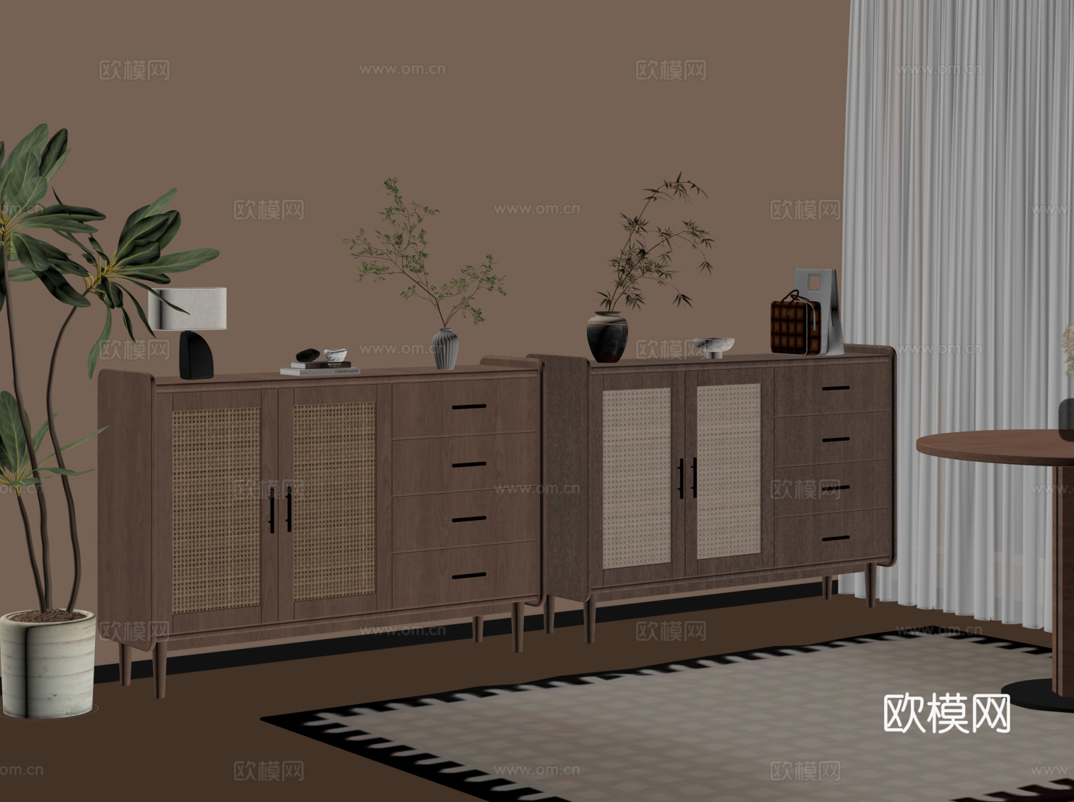 现代中古风玄关柜 边柜su模型