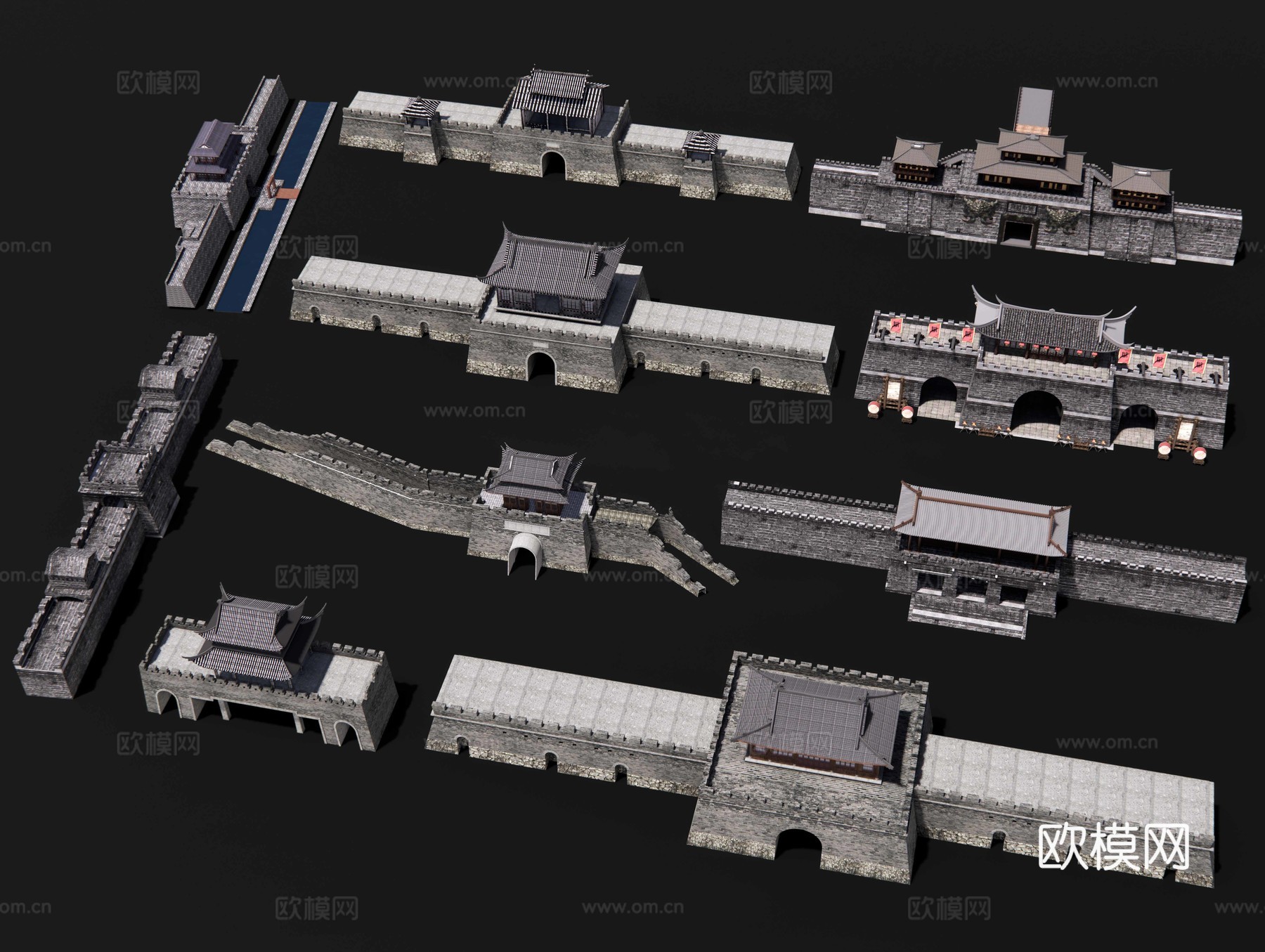 中式城门楼子 古城墙 古城门 古建筑城楼 长城 古代城墙su模型