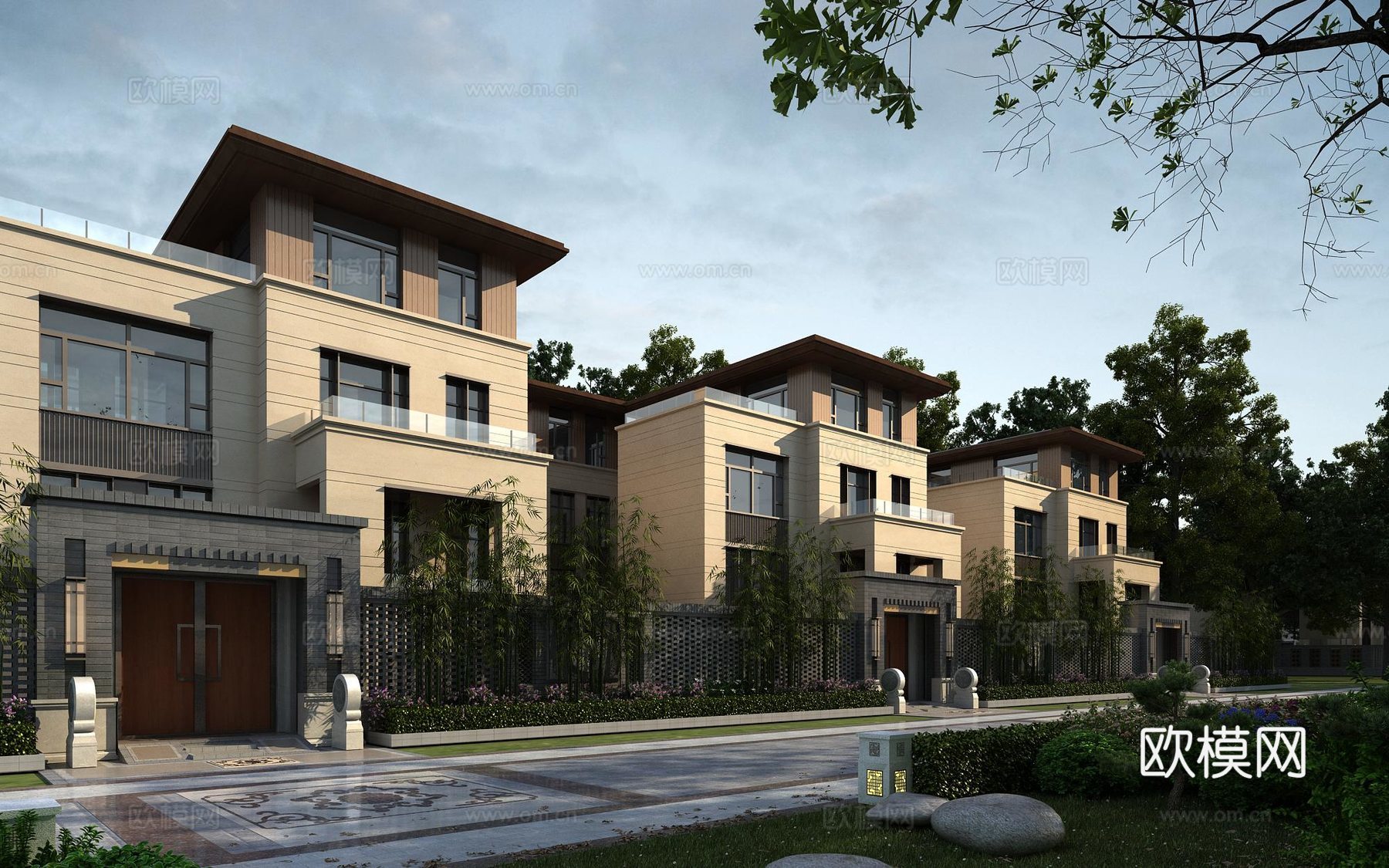 新中式欧式新中式新亚洲古典别墅外观3d模型下载