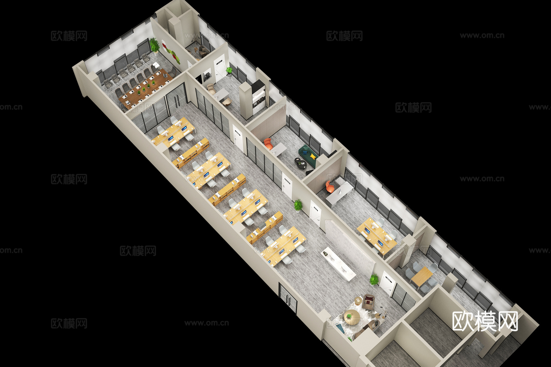 现代开敞办公室 公司前台 前台背景 休息区 会议室 经理室3d模型下载（渲染图1）