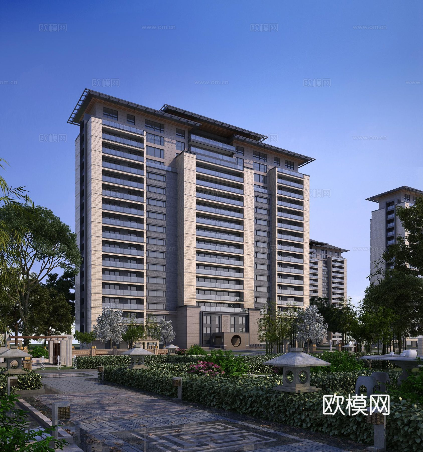 新古典新中式新亚洲古典高层住宅3d模型下载