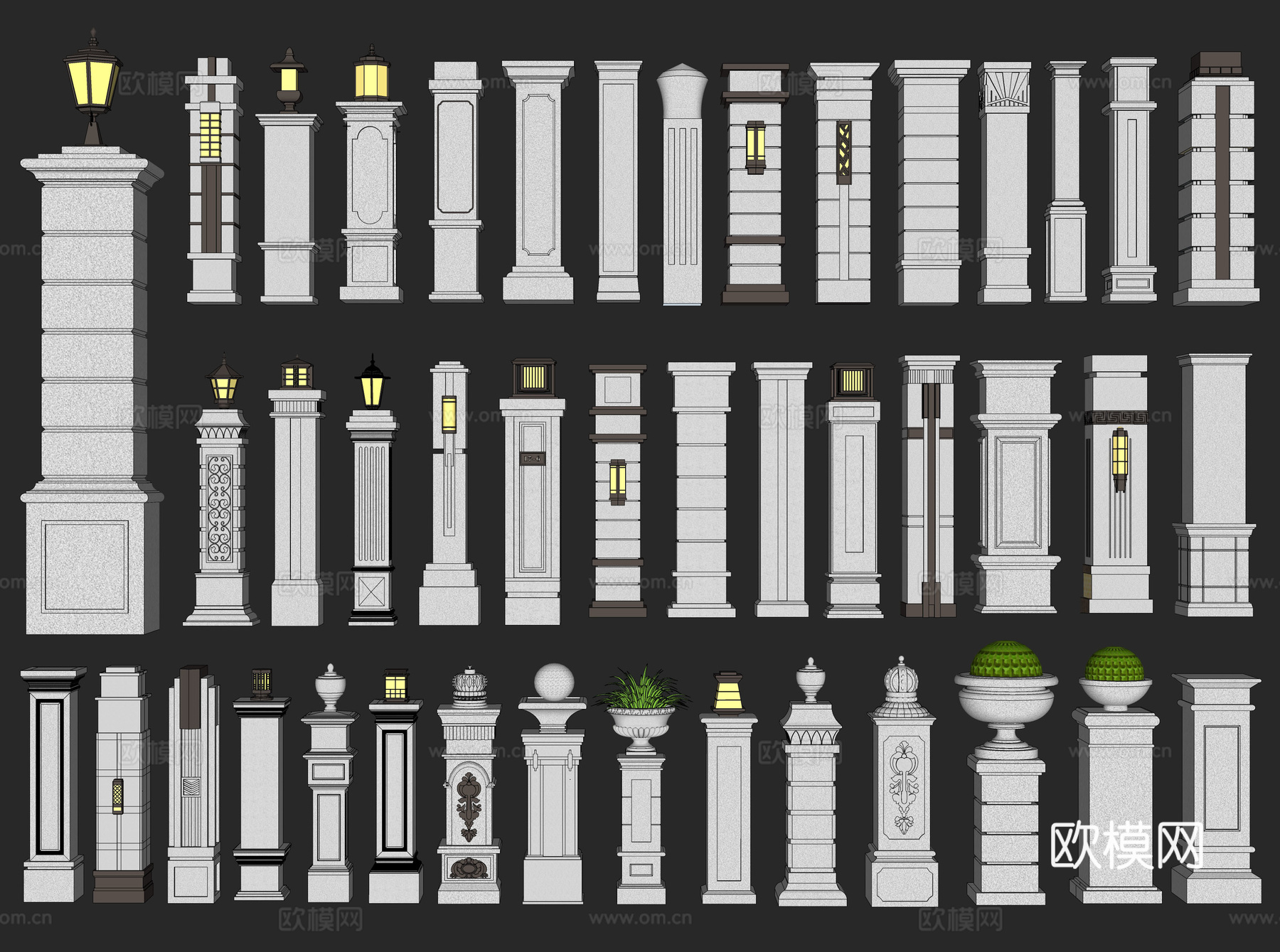 欧式庭院门柱 景观门柱 围墙柱子 庭院大门 罗马柱 别墅洋房su模型