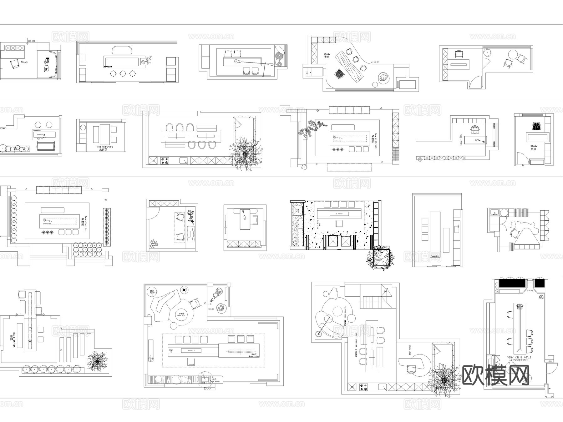 46套茶室书房家装室内设计CAD平面图块cad施工图