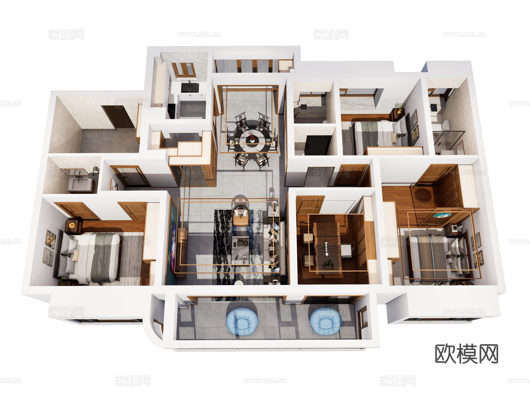 新中式家装鸟瞰 中式室内家装空间 鸟瞰图 新中式家装样板房3d模型下载（渲染图1）