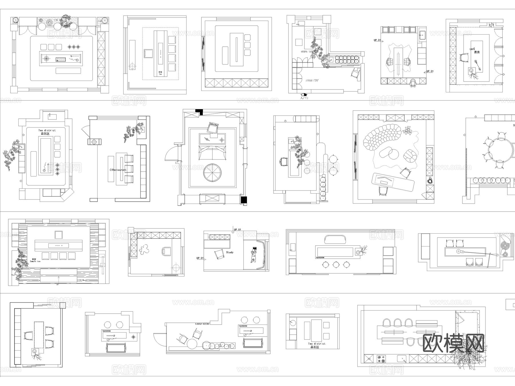 46套茶室书房家装室内设计CAD平面图块cad施工图