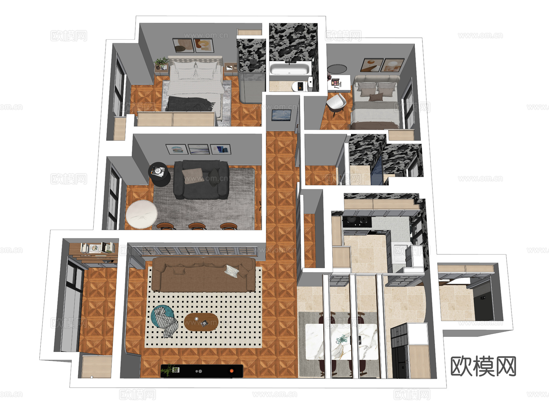 现代简约家装鸟瞰 法式室内家装空间 鸟瞰图 现代家装样板房su模型