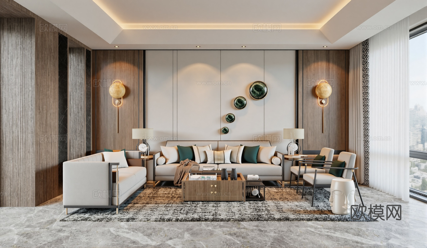 新中式客厅沙发茶几组合su模型