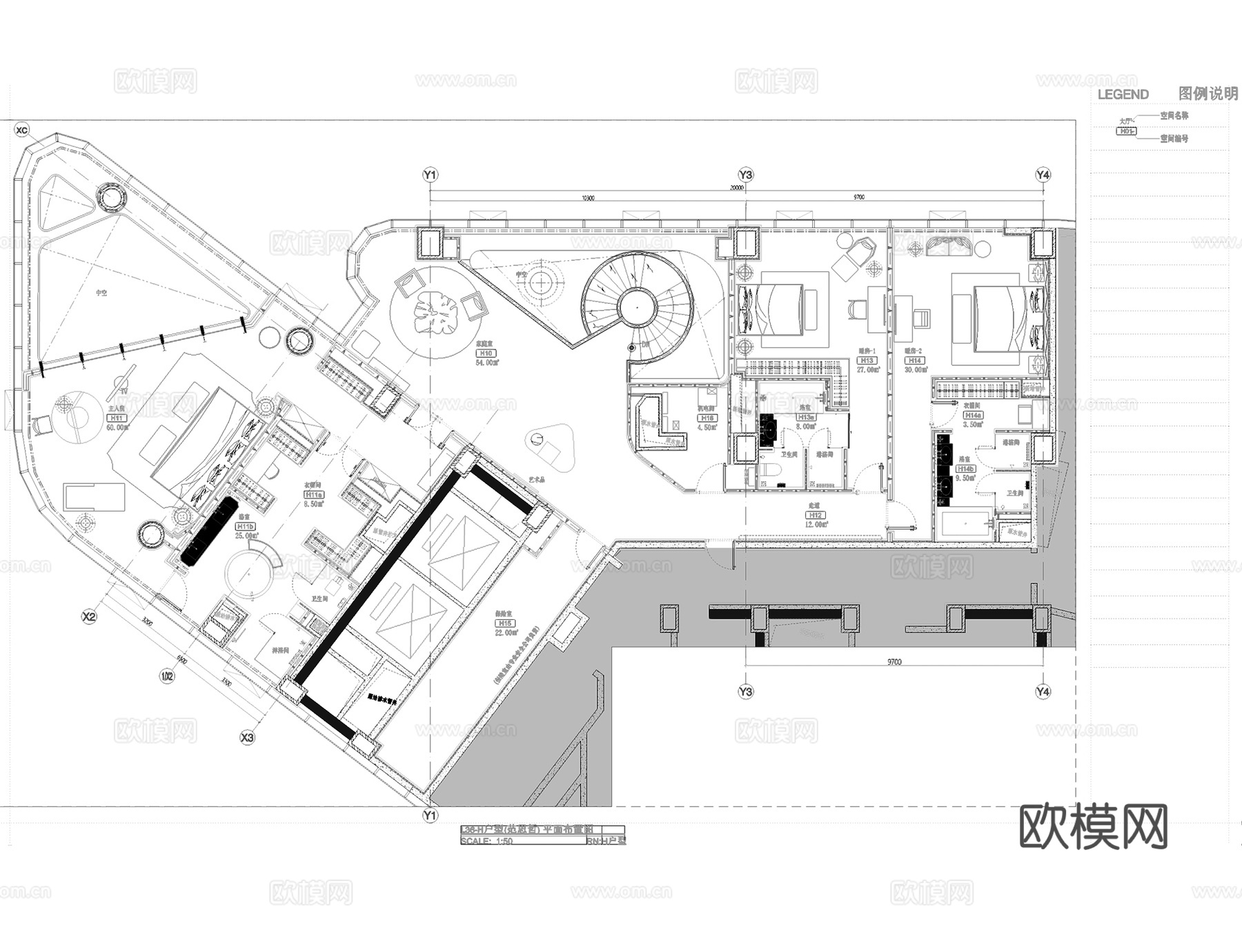 北京通盈中心三里屯一号H户型复式室内家装CAD施工图整套cad施工图