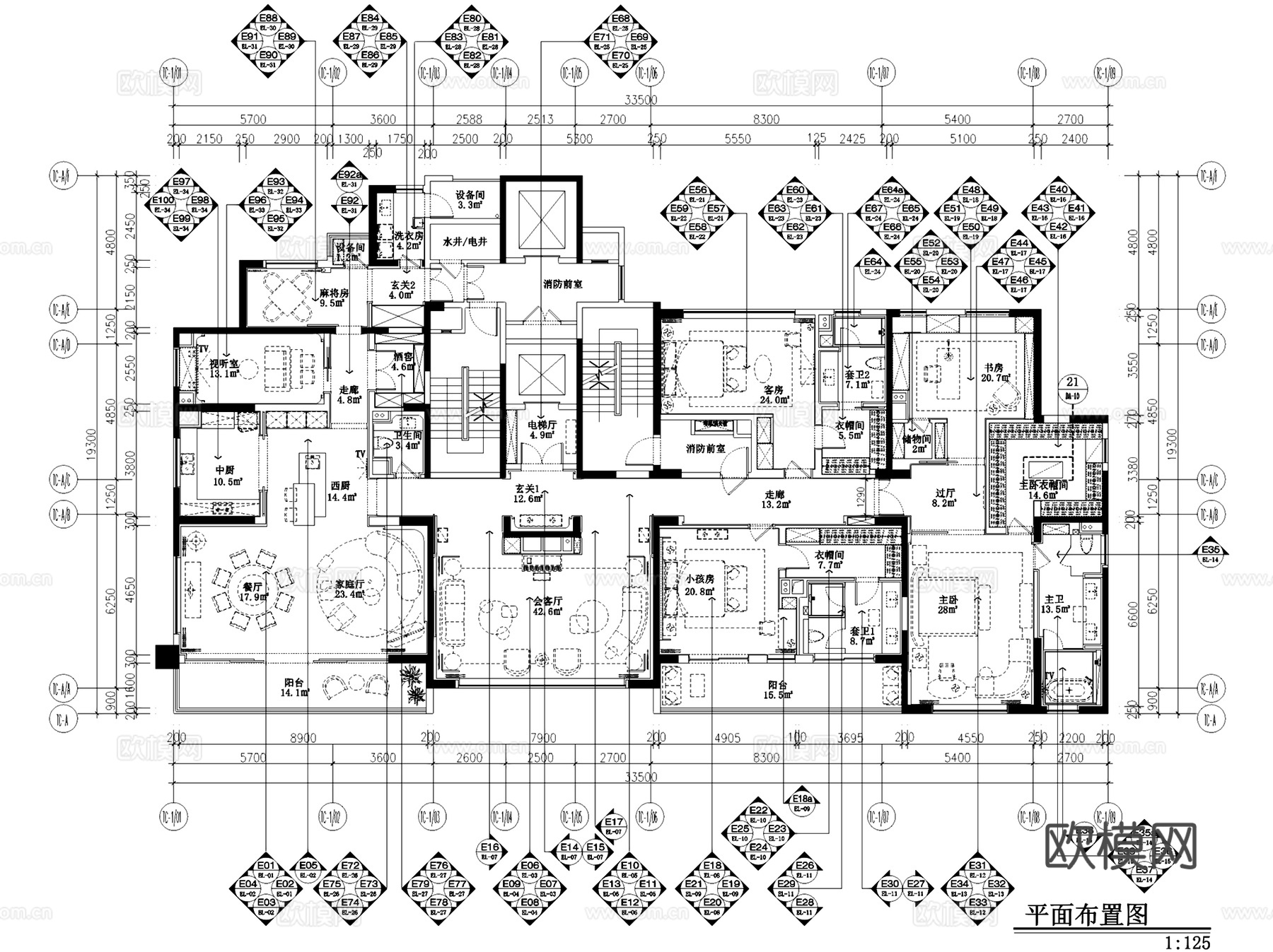 武汉天地云庭大平层室内家装CAD施工图整套+3Dmax模型cad施工图