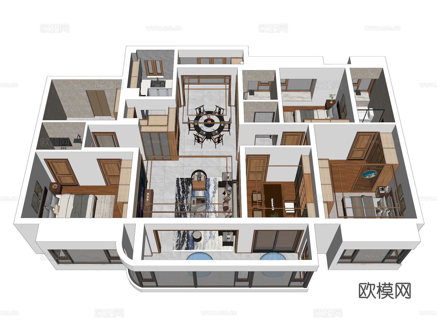 新中式家装鸟瞰 中式室内家装空间 鸟瞰图 新中式家装样板房3d模型下载（渲染图4）