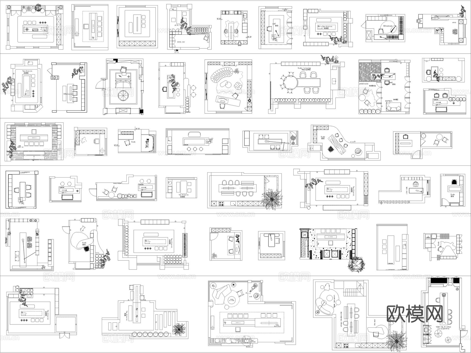 46套茶室书房家装室内设计CAD平面图块cad施工图