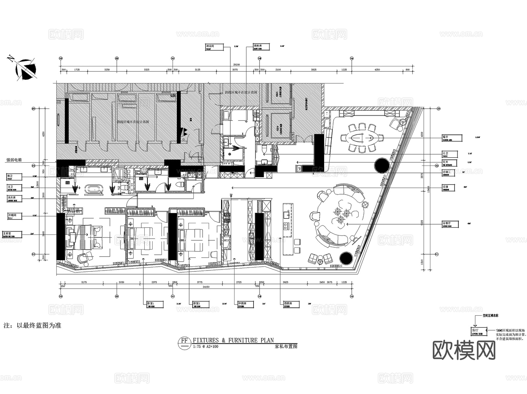 青岛国信海天中心样板间塔3-42-E2户型280㎡室内家装cad施工图