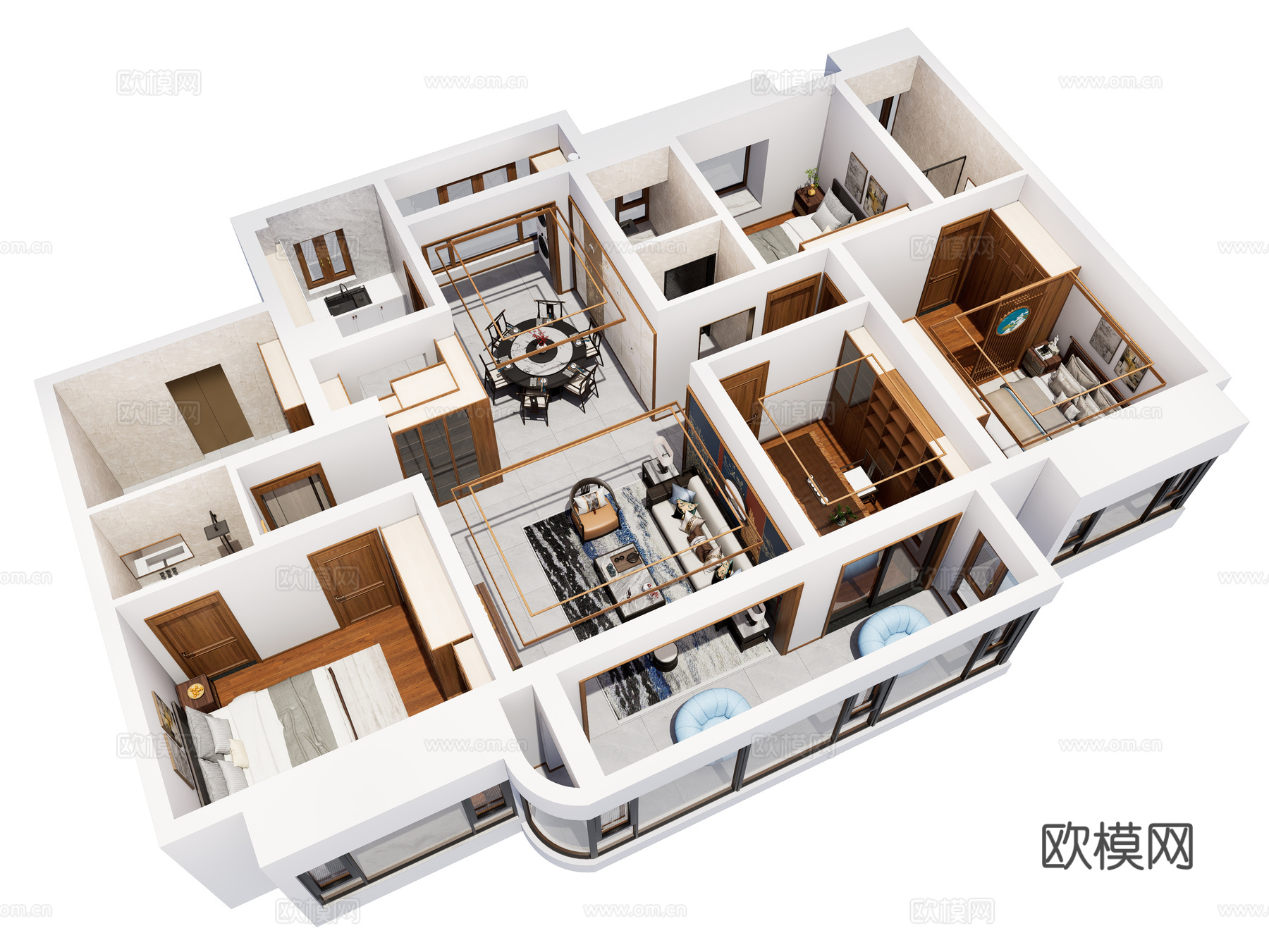 新中式家装鸟瞰 中式室内家装空间 鸟瞰图 新中式家装样板房3d模型下载（渲染图3）