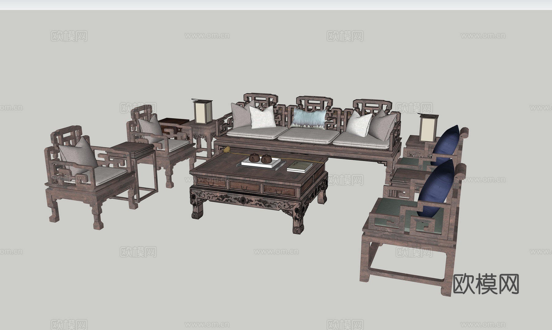 新中式红木沙发组合su模型