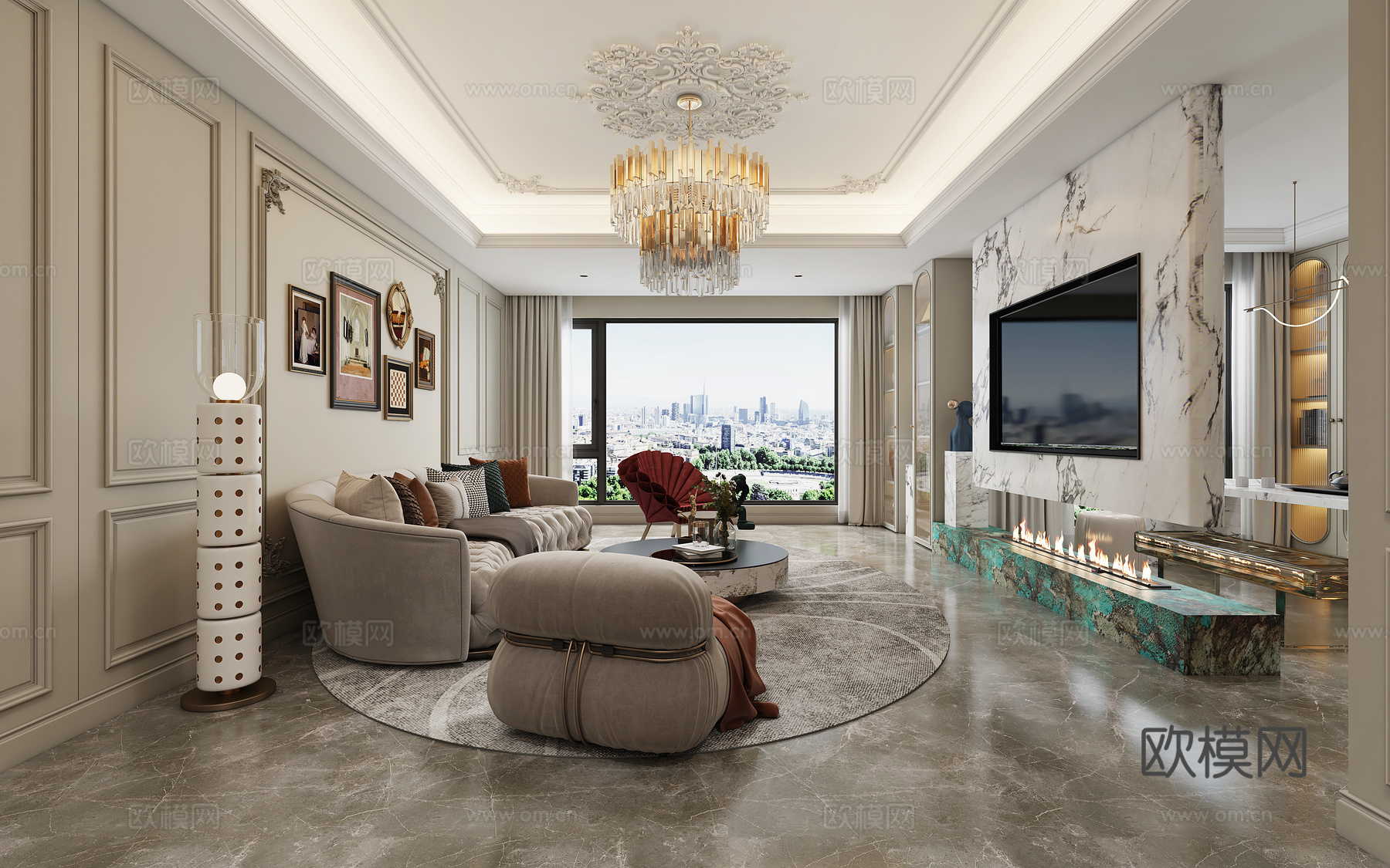 法式轻奢客厅 法式沙发 法式空间 欧式客厅3d模型下载（渲染图2）