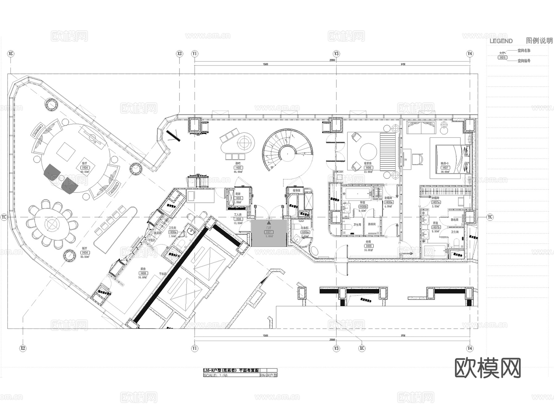 北京通盈中心三里屯一号H户型复式室内家装CAD施工图整套cad施工图