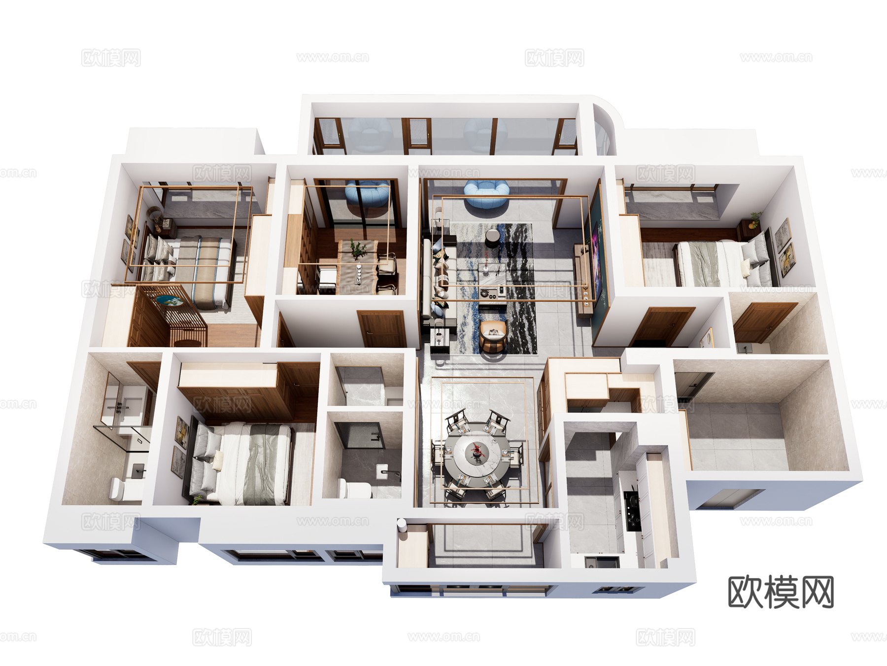 新中式家装鸟瞰 中式室内家装空间 鸟瞰图 新中式家装样板房su模型