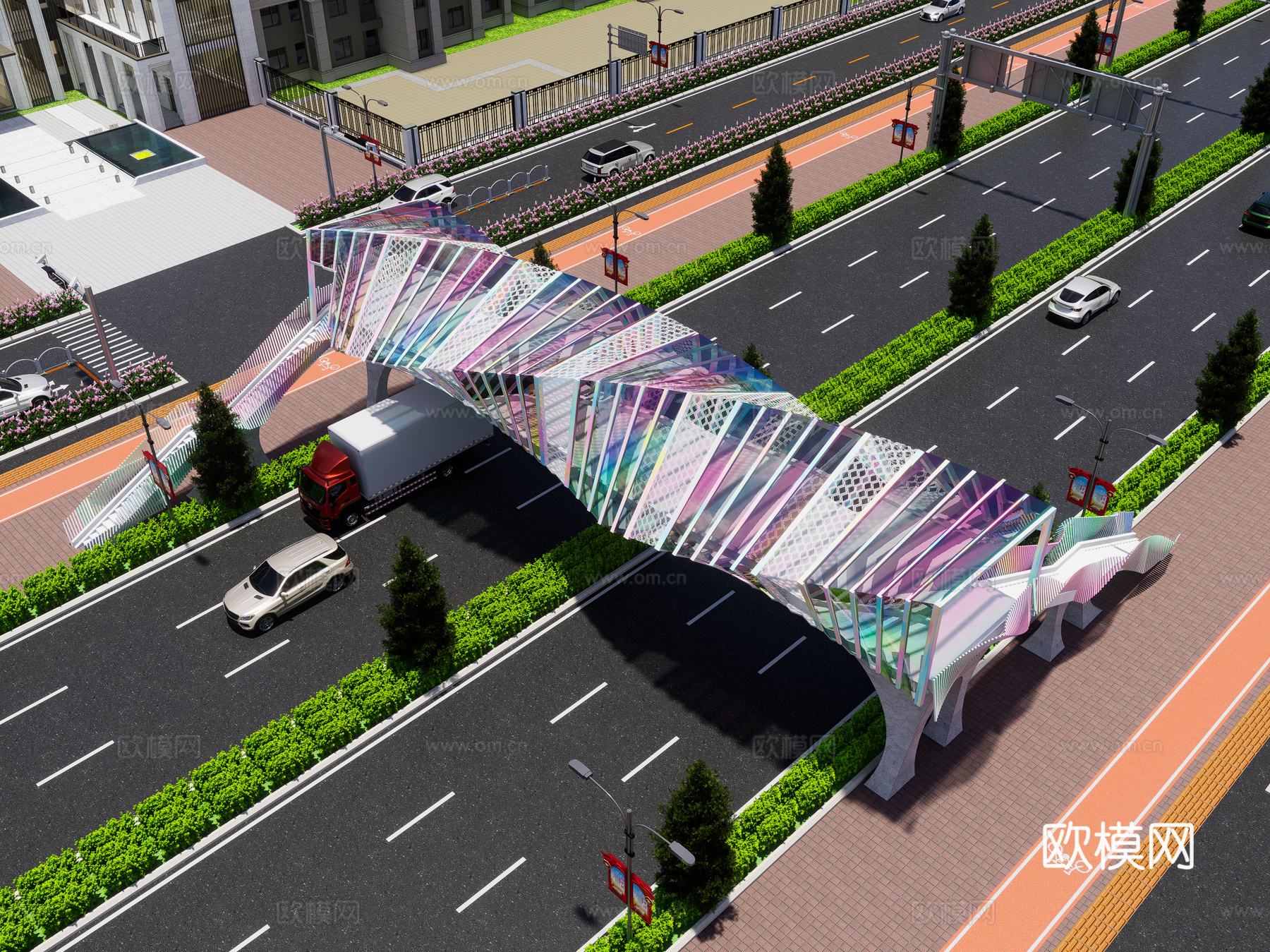 现代风格过街天桥 创意曲线高架桥 网红廊桥 城市道路天桥su模型