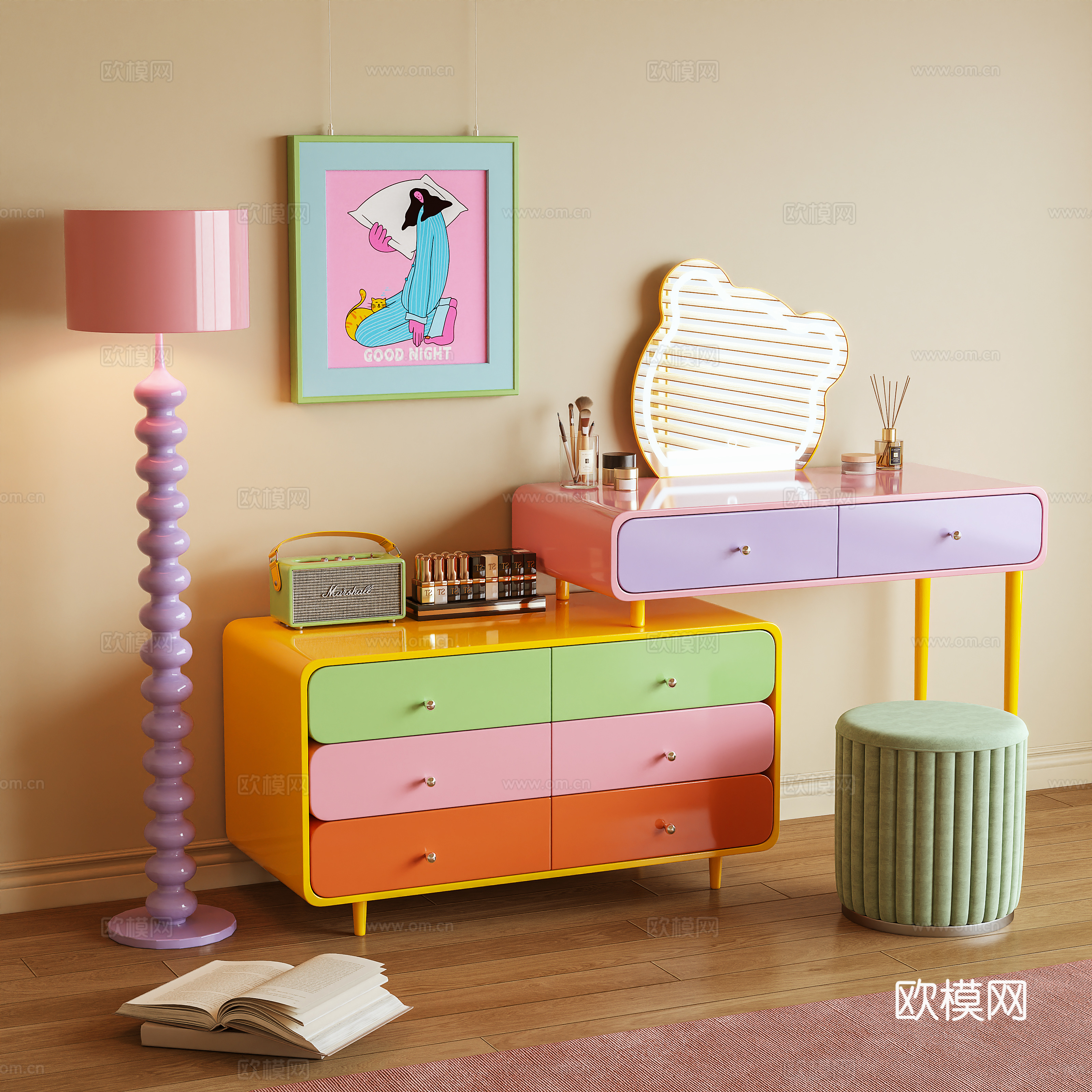 梳妆台 化妆桌 化妆品 摆件 落地灯 多巴胺3d模型下载