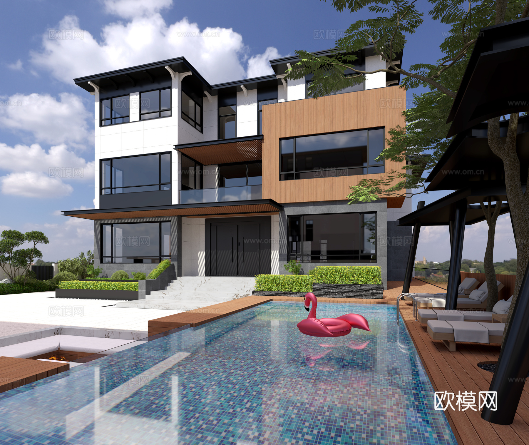 现代别墅院子3d模型下载（渲染图1）