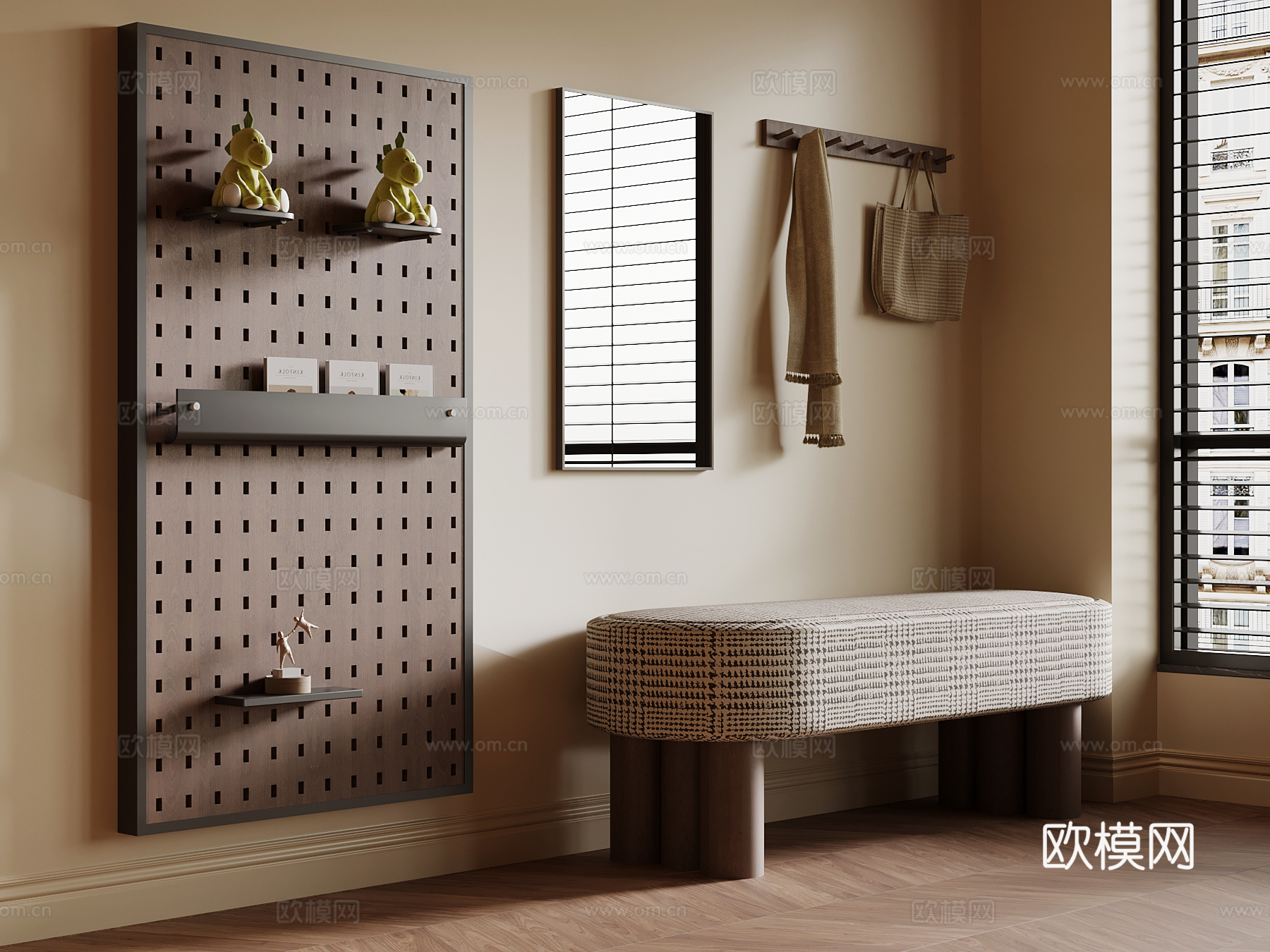 现代中古风换鞋凳 挂钩 镜子 洞洞板3d模型