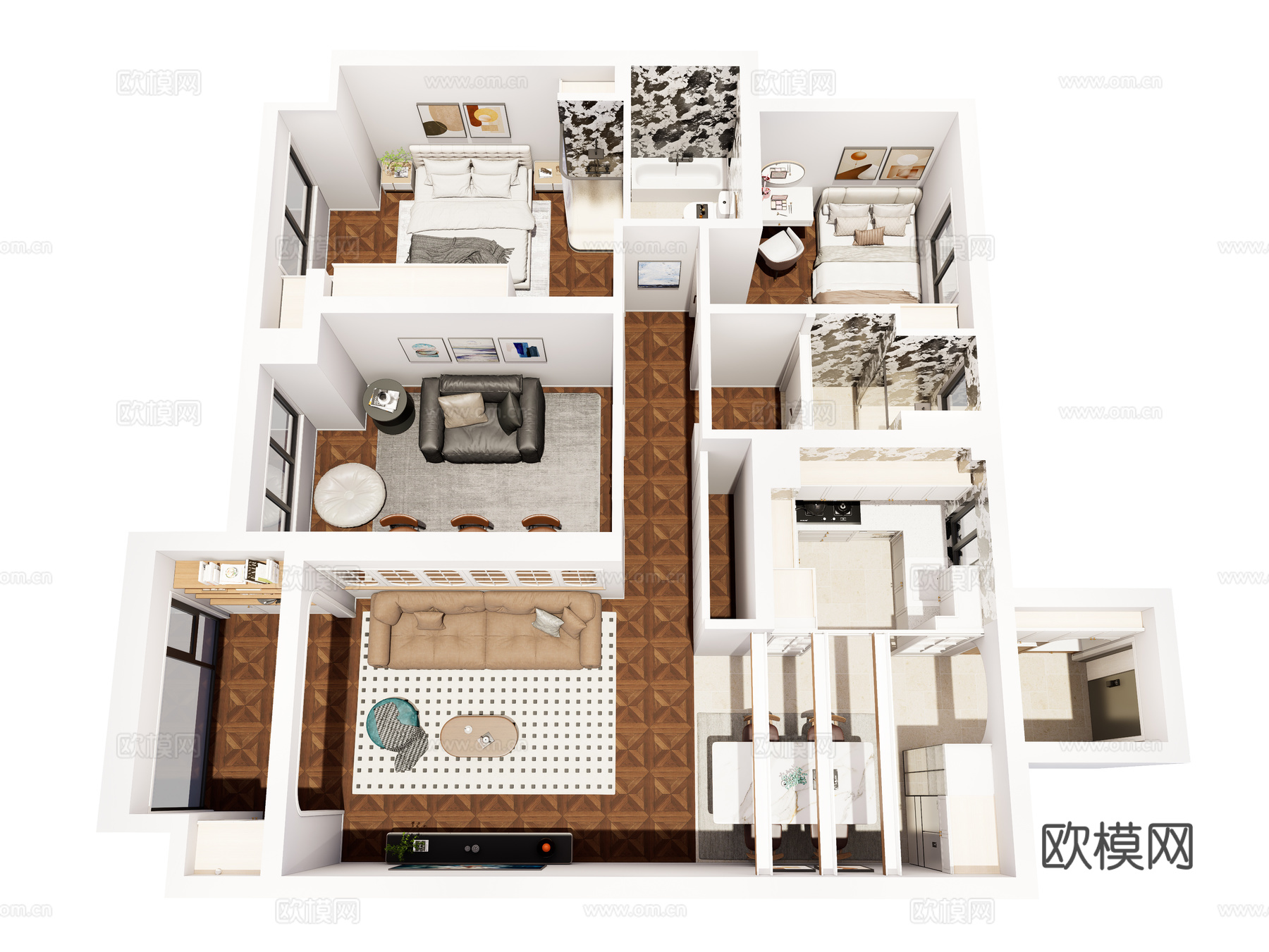 现代简约家装鸟瞰 法式室内家装空间 鸟瞰图 现代家装样板房su模型
