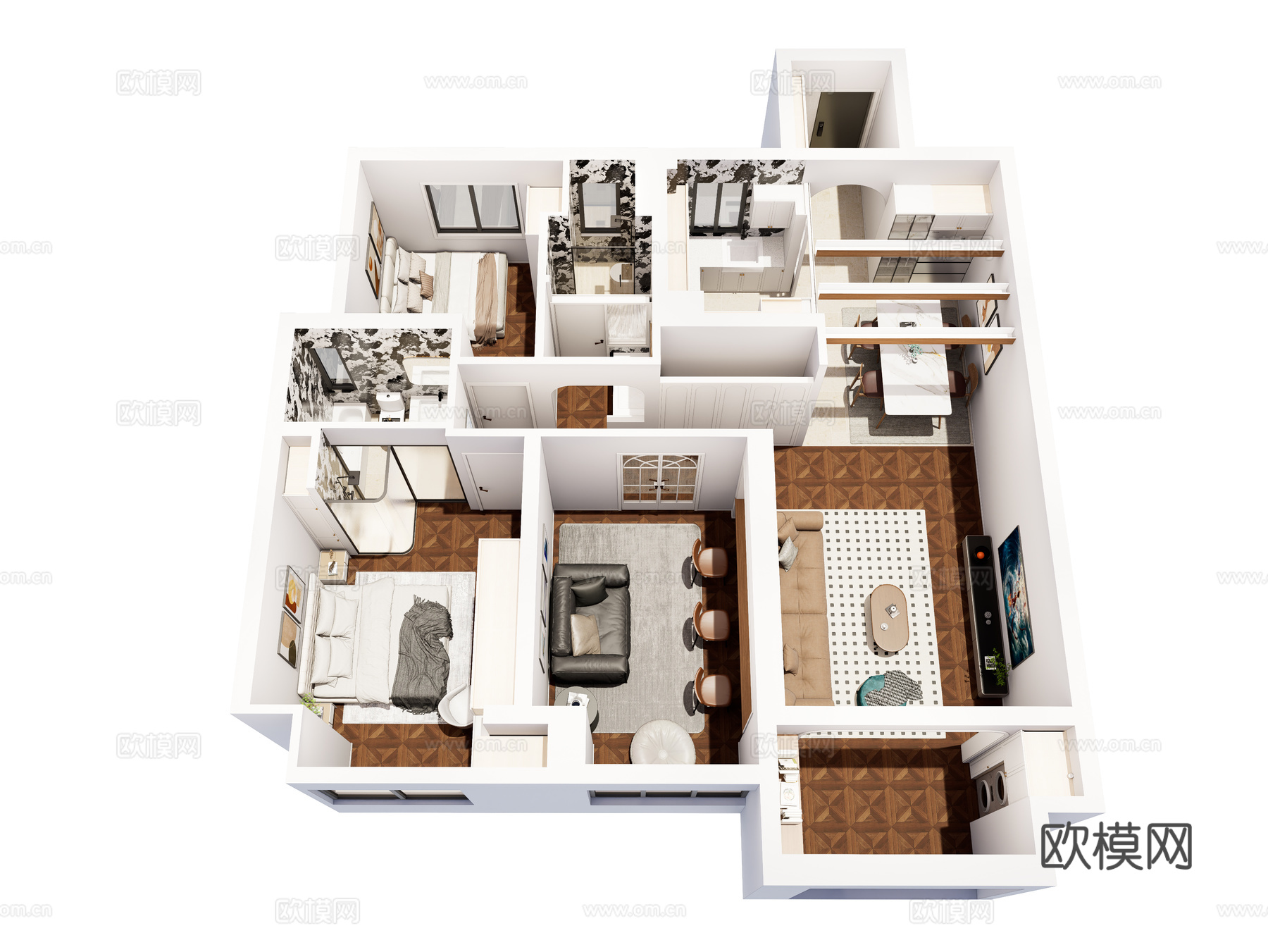 现代简约家装鸟瞰 法式室内家装空间 鸟瞰图 现代家装样板房su模型