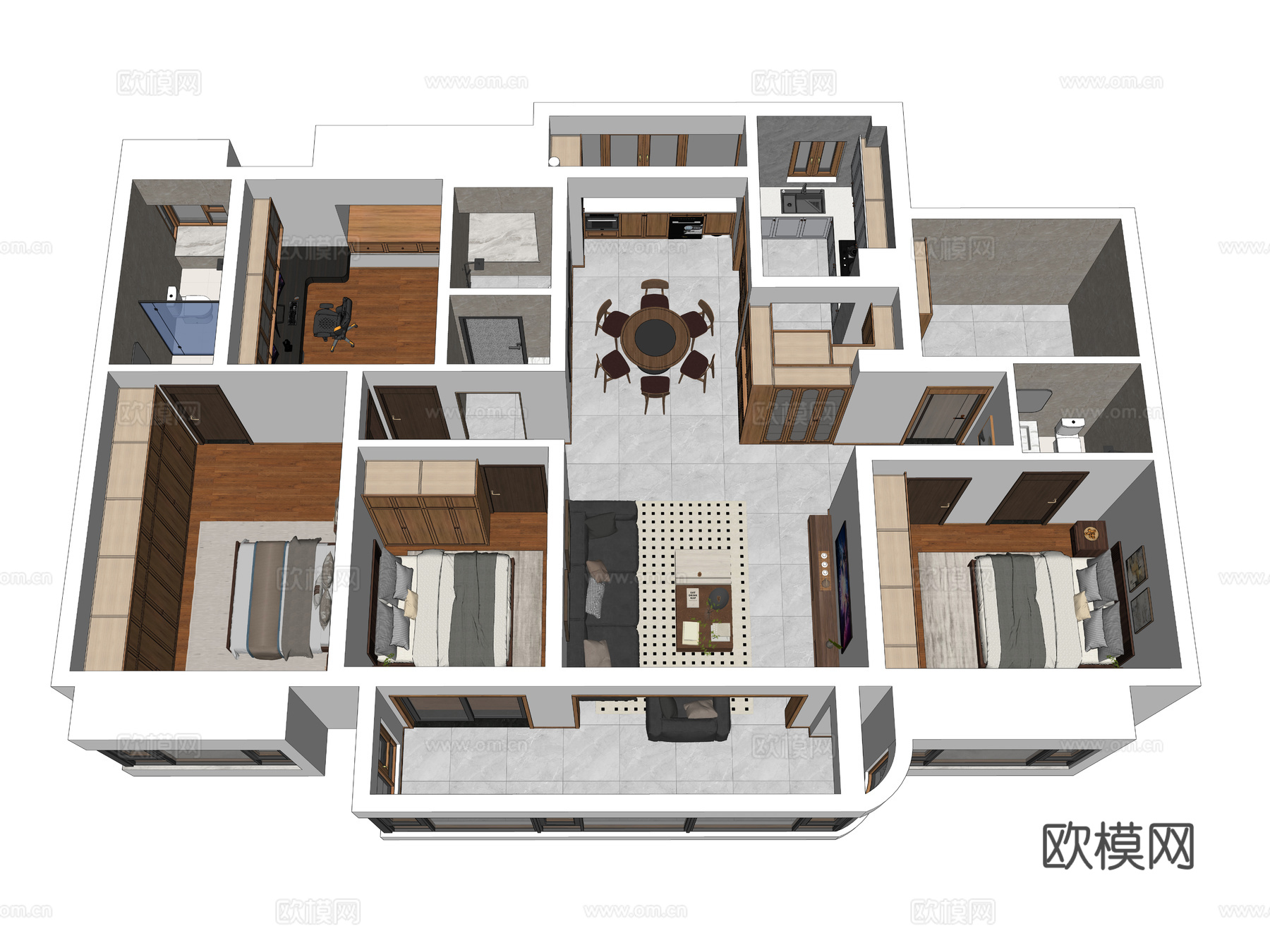 中古风家装鸟瞰 中古风家装空间 鸟瞰图 中古风家装样板房su模型