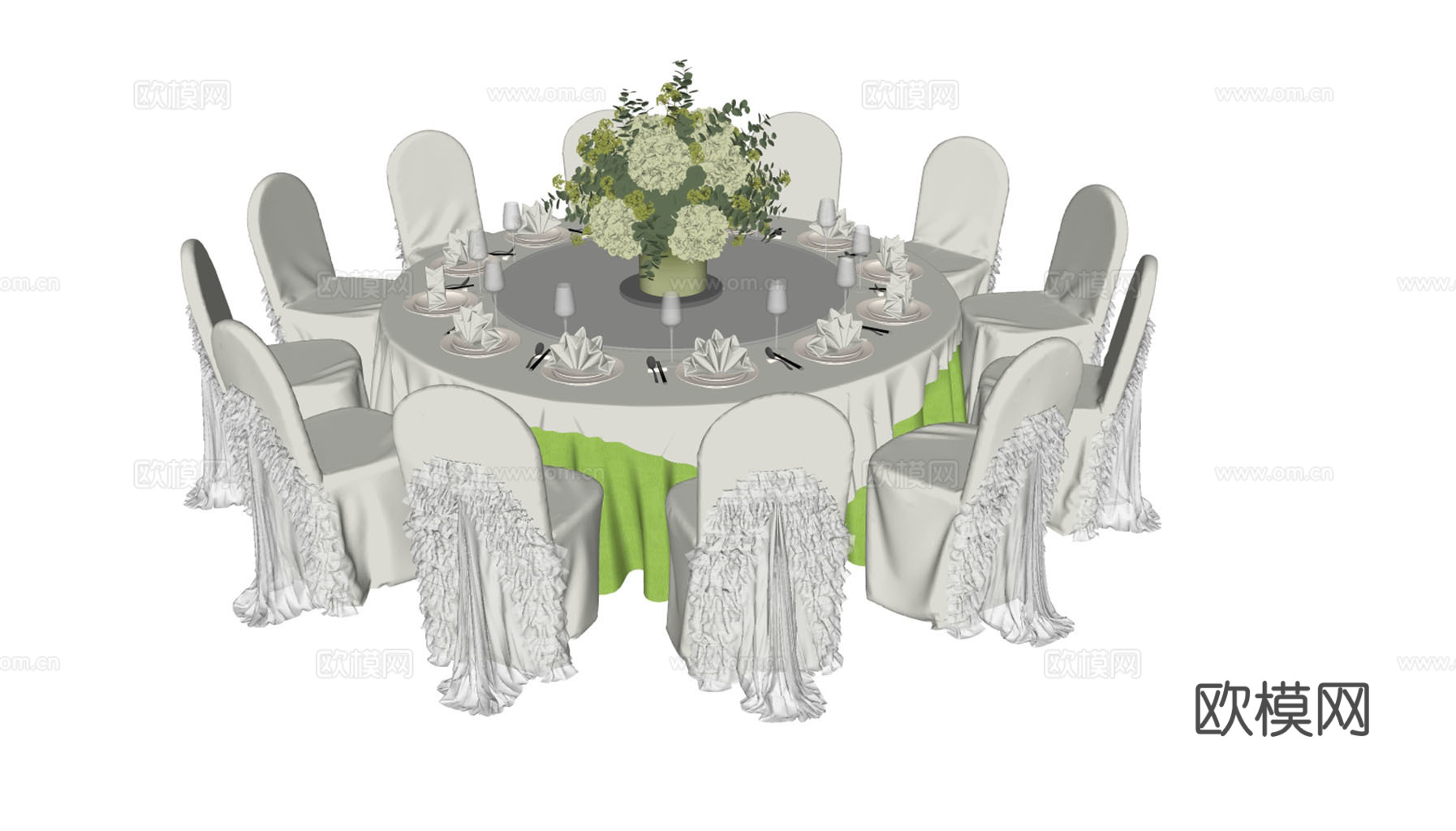 宴会圆桌 婚礼宴会桌椅 10人位圆桌 绣球花餐桌装饰 高端婚su模型