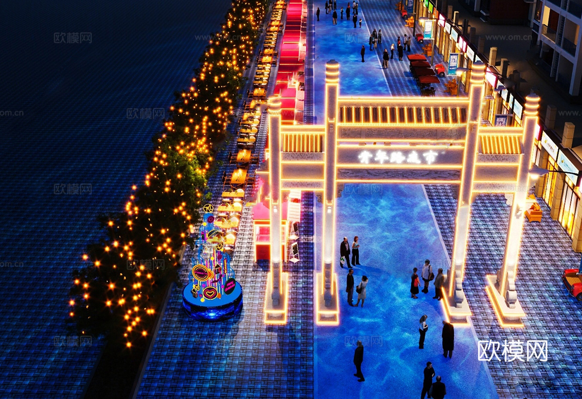 现代商业街夜市 牌坊 霓虹灯su模型