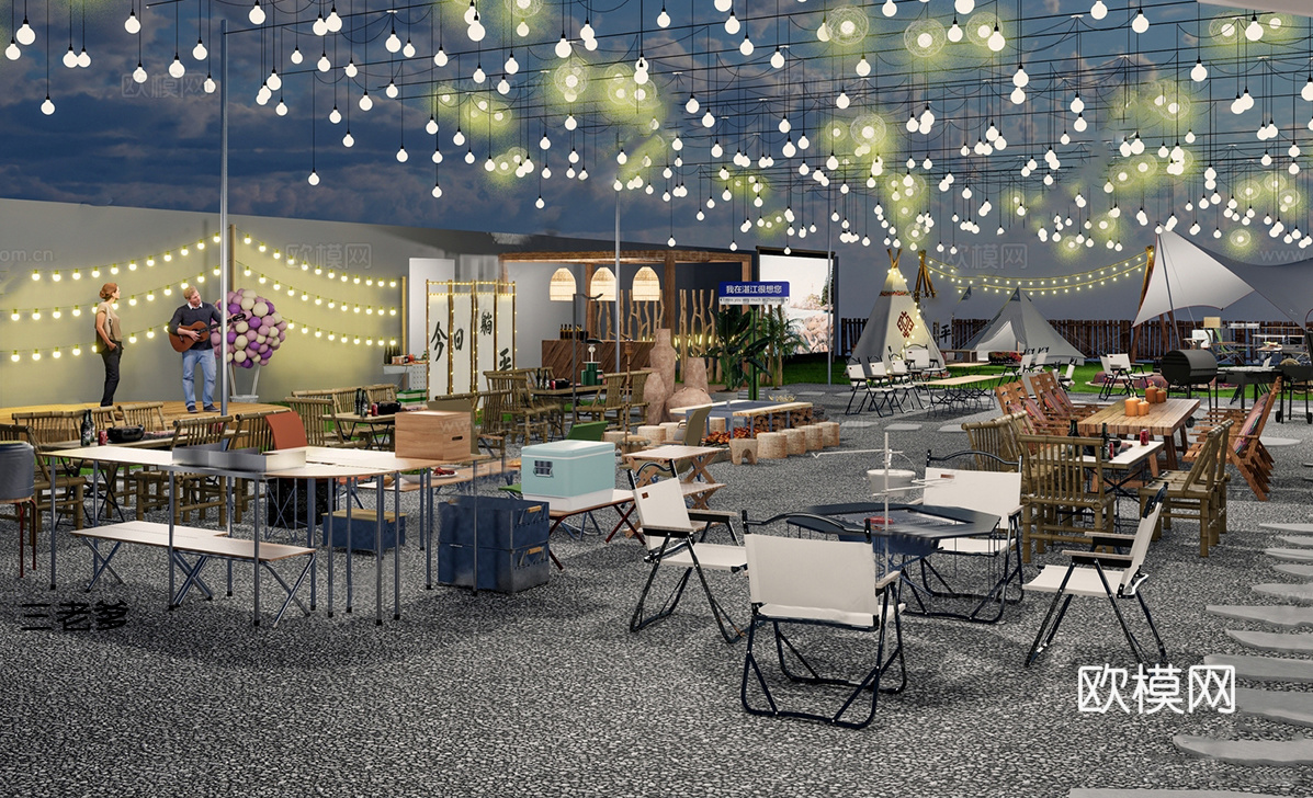 现代天台外摆 屋顶露营餐厅 围炉煮茶 露营景观基地 帐篷 露su模型