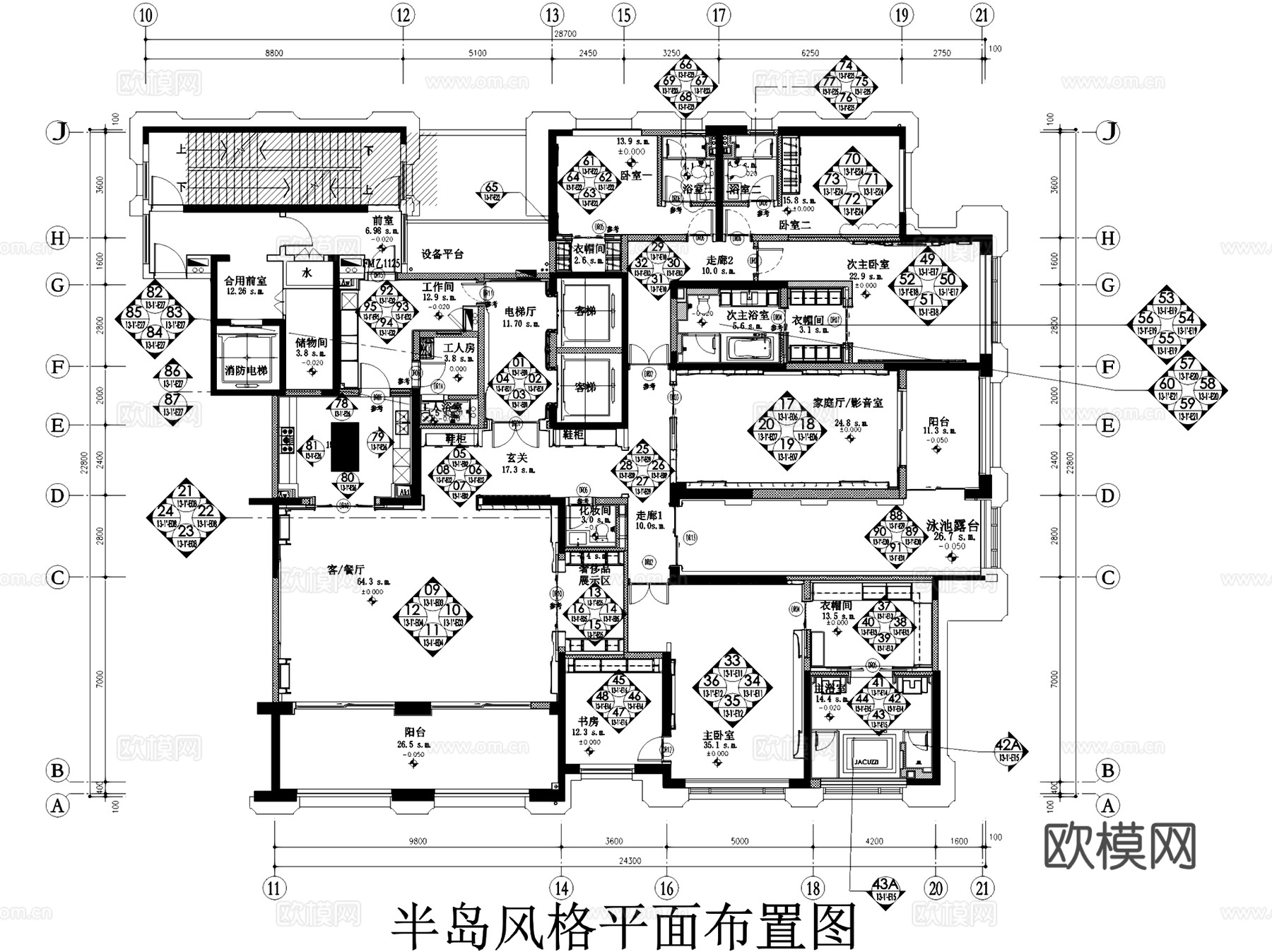 江西洲悦1#楼13-1户型半岛风格样板房室内家装CAD施工图cad施工图